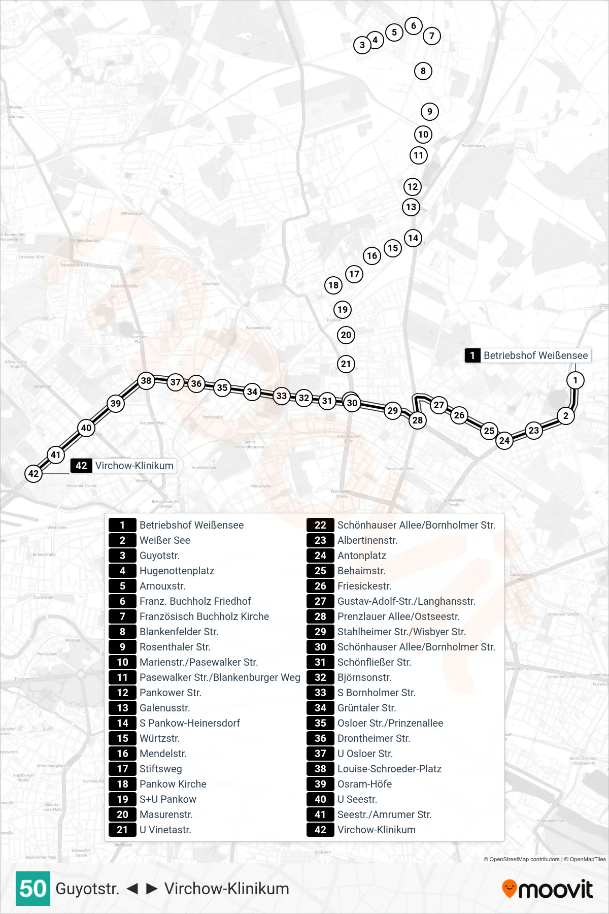 Linie 50 (Straßenbahn) Richtung Virchow-Klinikum: Route und Haltestellen auf der Karte