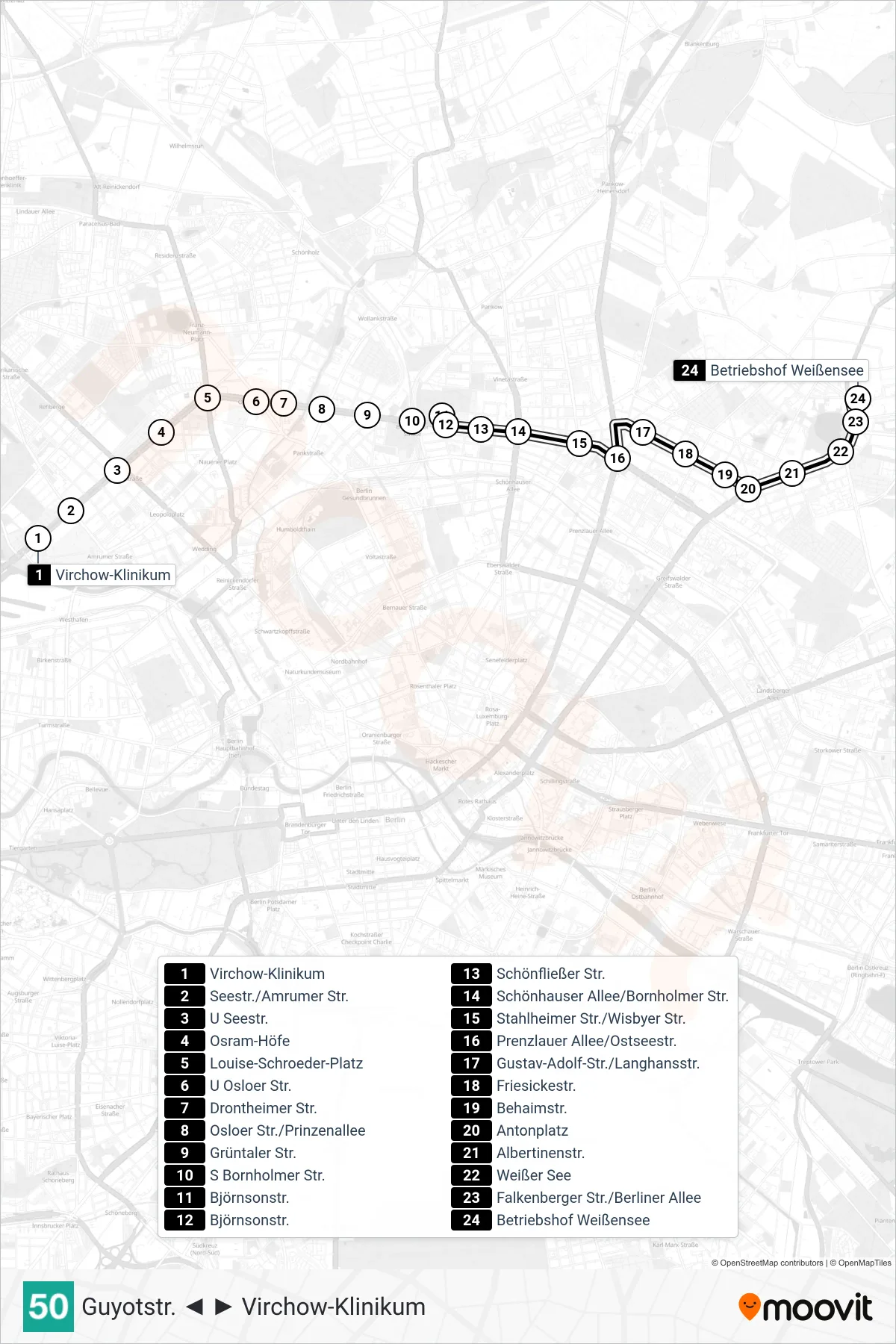 Linie 50 (Straßenbahn) Richtung Betriebshof Weißensee: Route und Haltestellen auf der Karte
