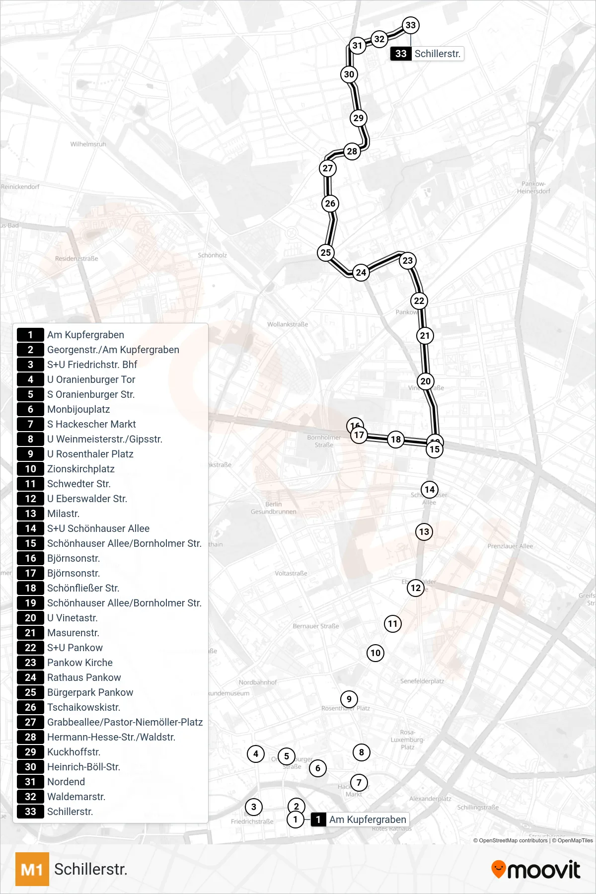 Linie M1 (Straßenbahn) Richtung Schillerstr.: Route und Haltestellen auf der Karte