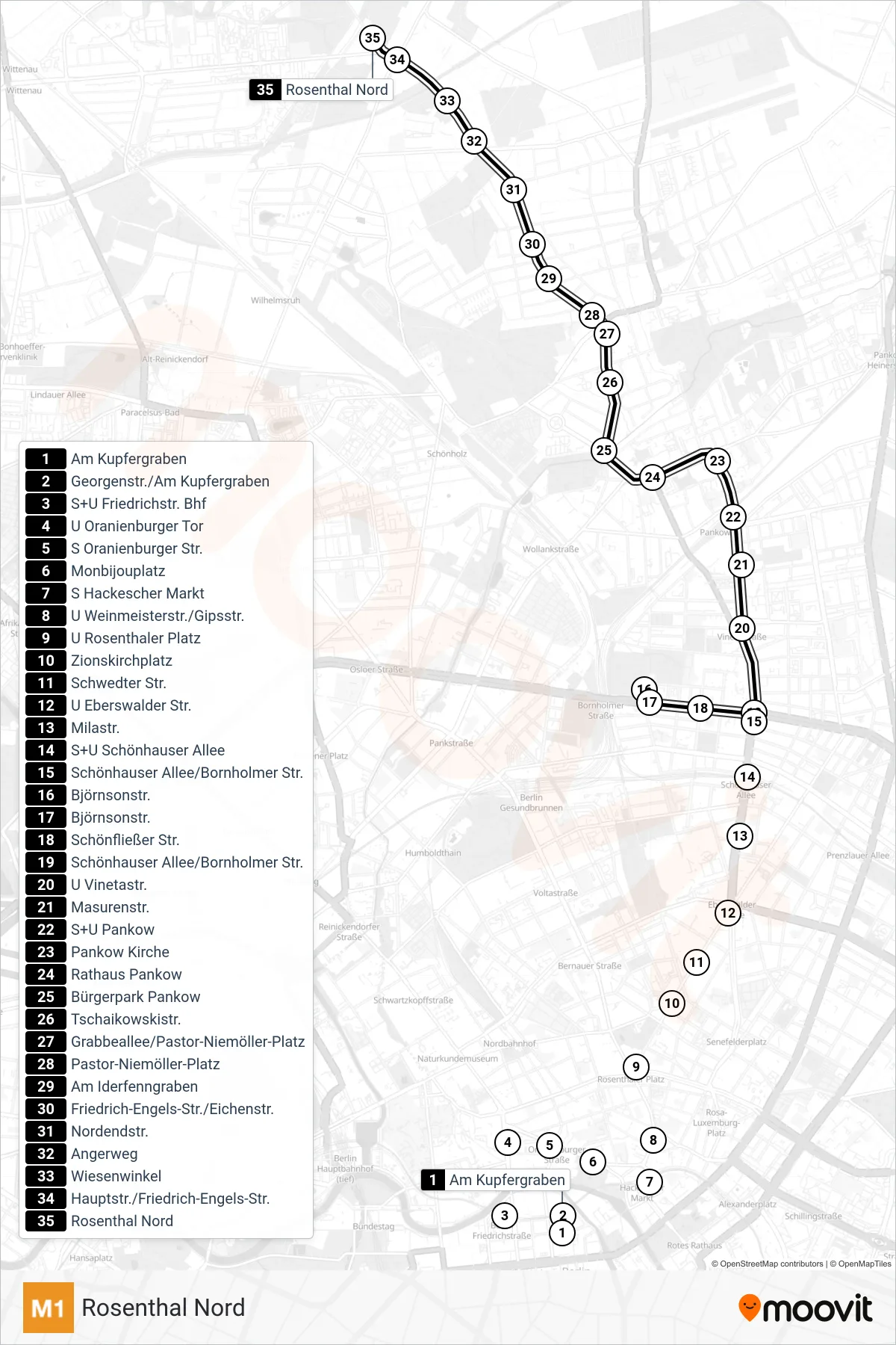 Linie M1 (Straßenbahn) Richtung Rosenthal Nord: Route und Haltestellen auf der Karte