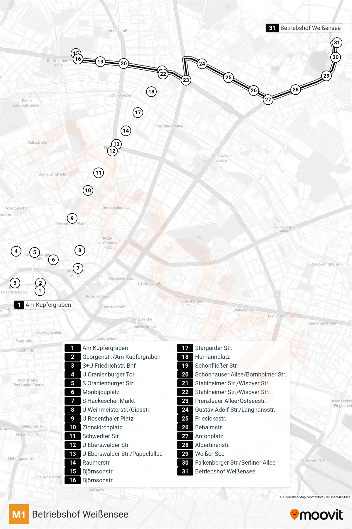 Linie M1 (Straßenbahn) Richtung Betriebshof Weißensee: Route und Haltestellen auf der Karte