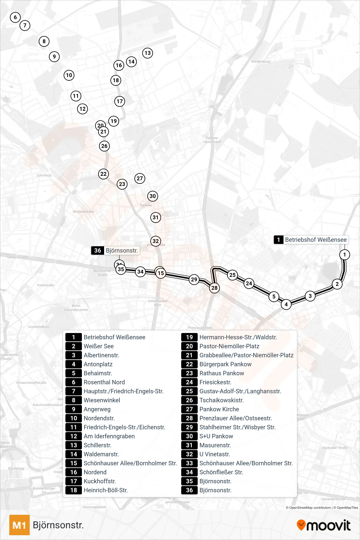 Linie M1 (Straßenbahn) Richtung Björnsonstr.: Route und Haltestellen auf der Karte