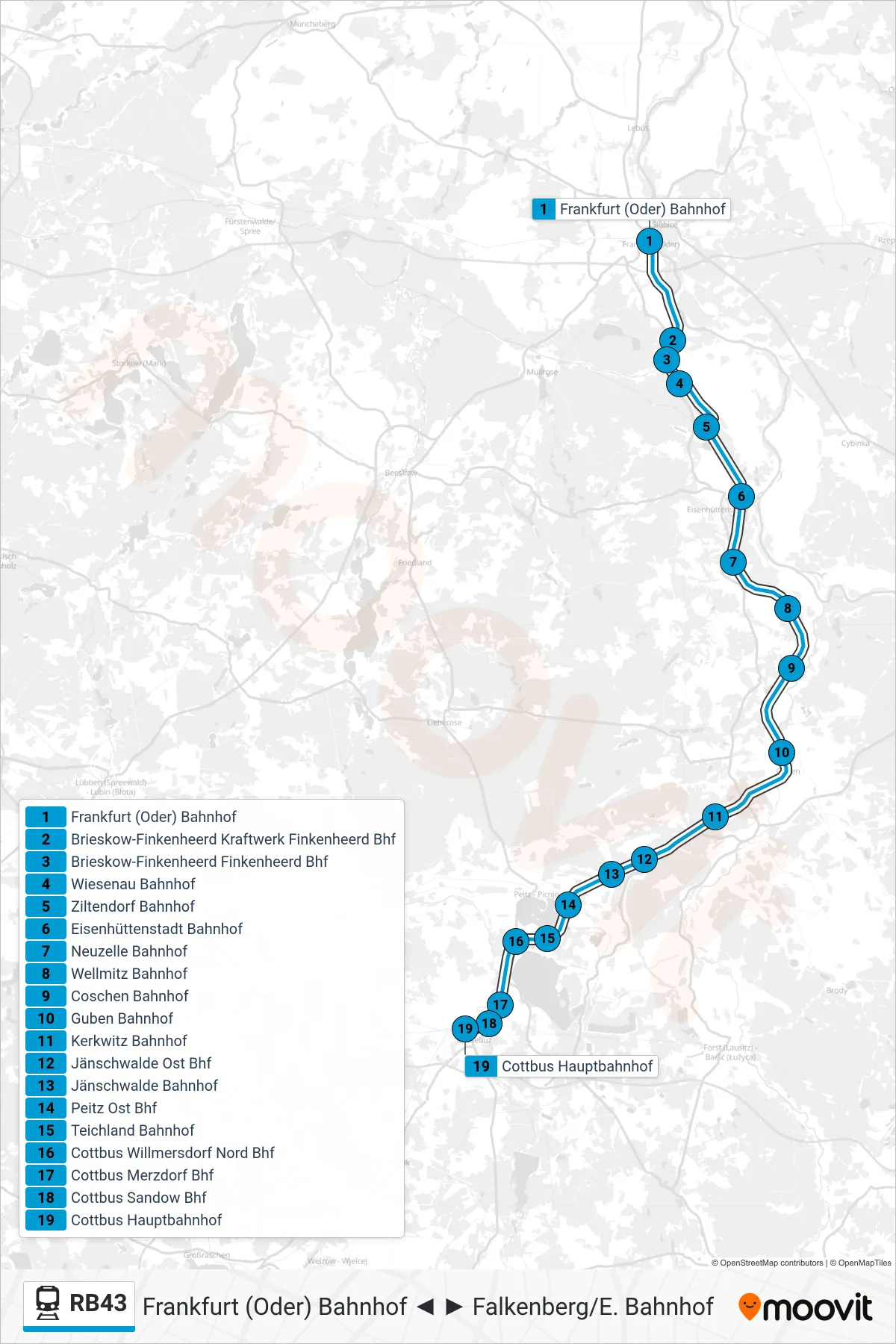 Linie RB43 (Bahn) Richtung Cottbus Hauptbahnhof: Route und Haltestellen auf der Karte