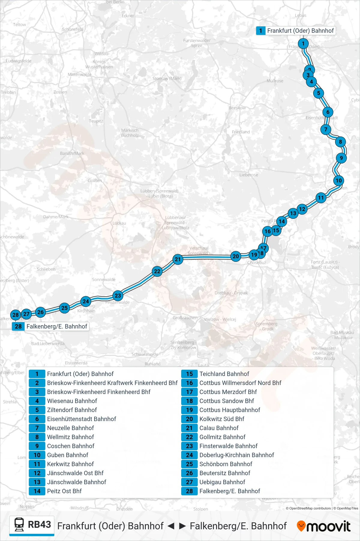 Linie RB43 (Bahn) Richtung Falkenberg/E. Bahnhof: Route und Haltestellen auf der Karte