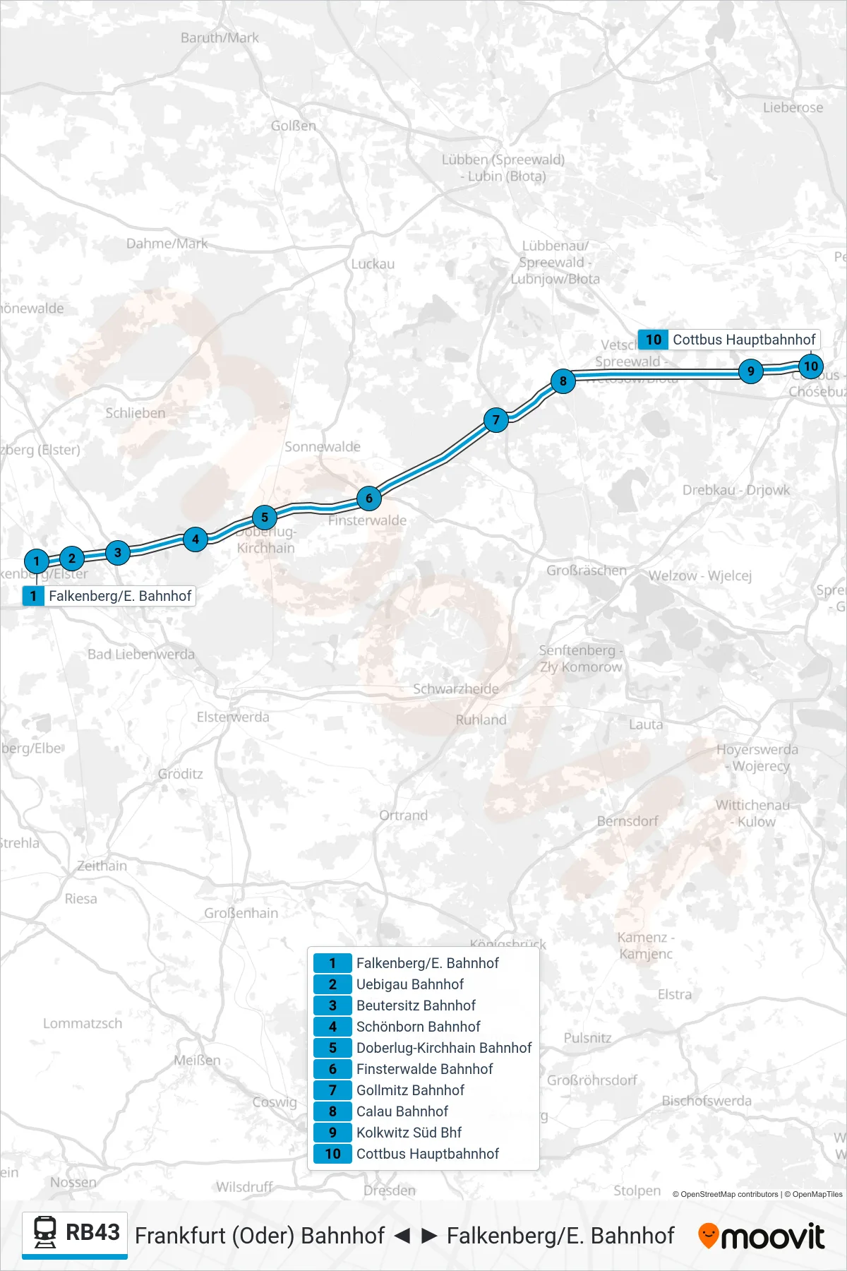 Linie RB43 (Bahn) Richtung Cottbus Hauptbahnhof: Route und Haltestellen auf der Karte