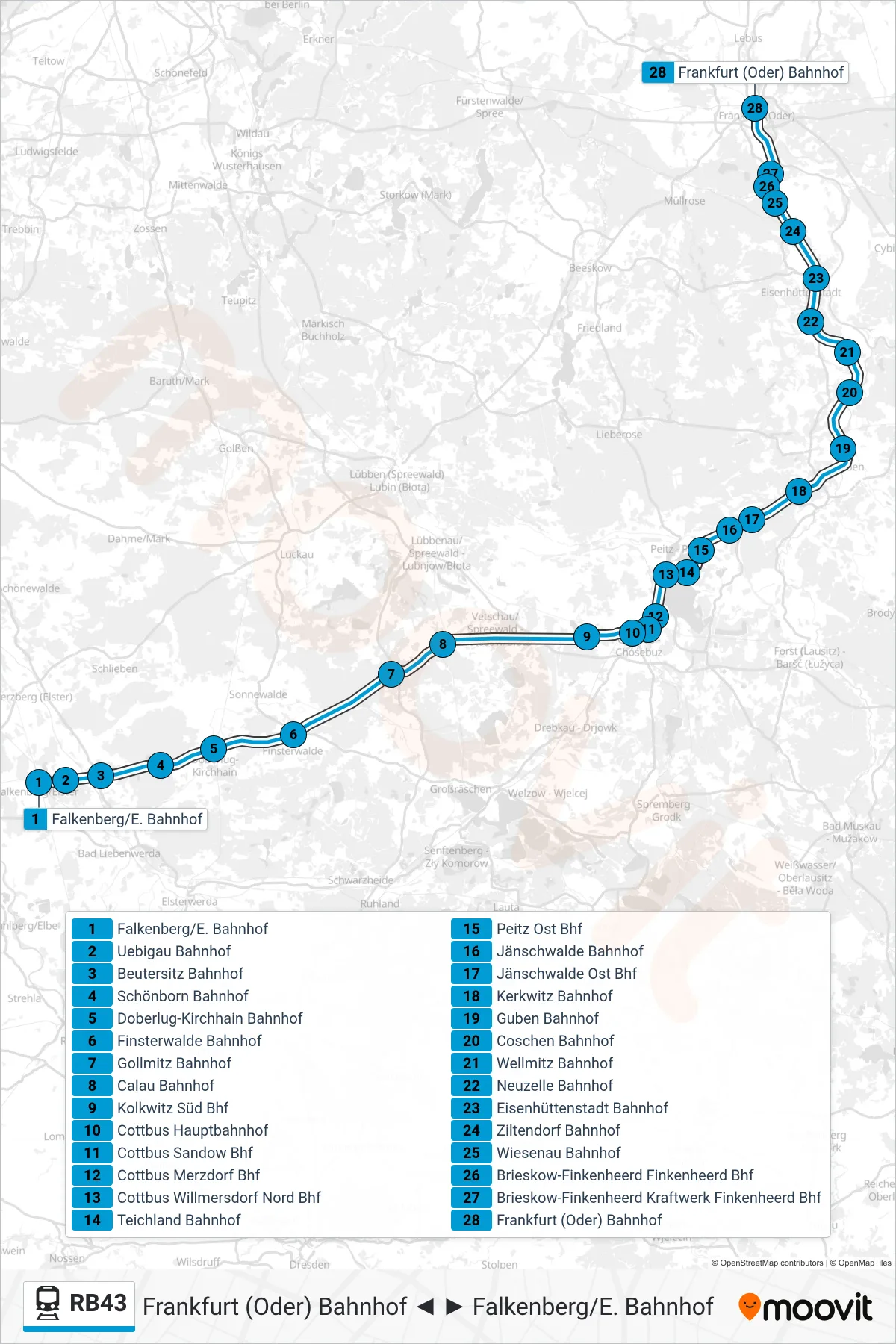 Linie RB43 (Bahn) Richtung Frankfurt (Oder) Bahnhof: Route und Haltestellen auf der Karte