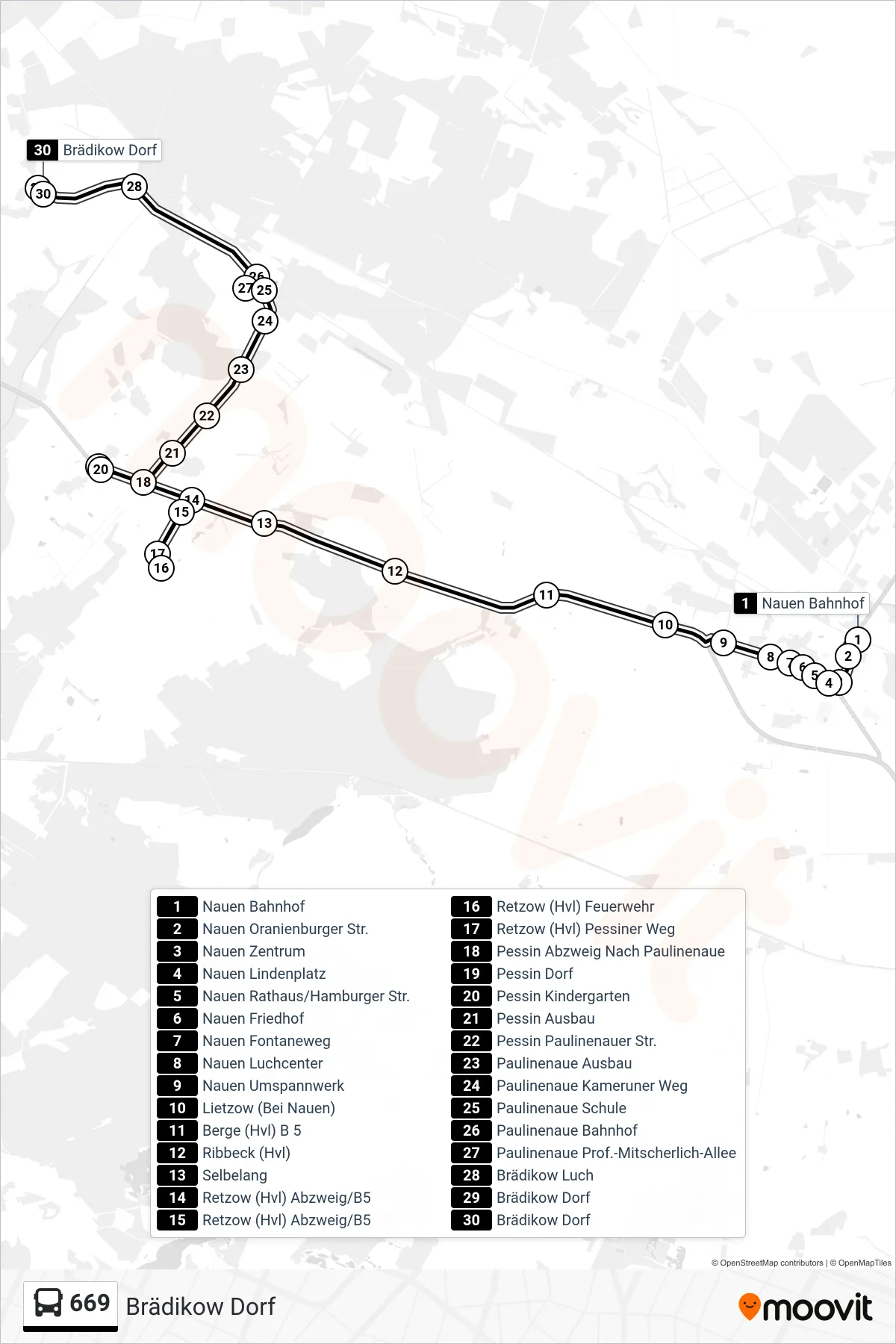 Linie 669 (Bus) Richtung Brädikow Dorf: Route und Haltestellen auf der Karte