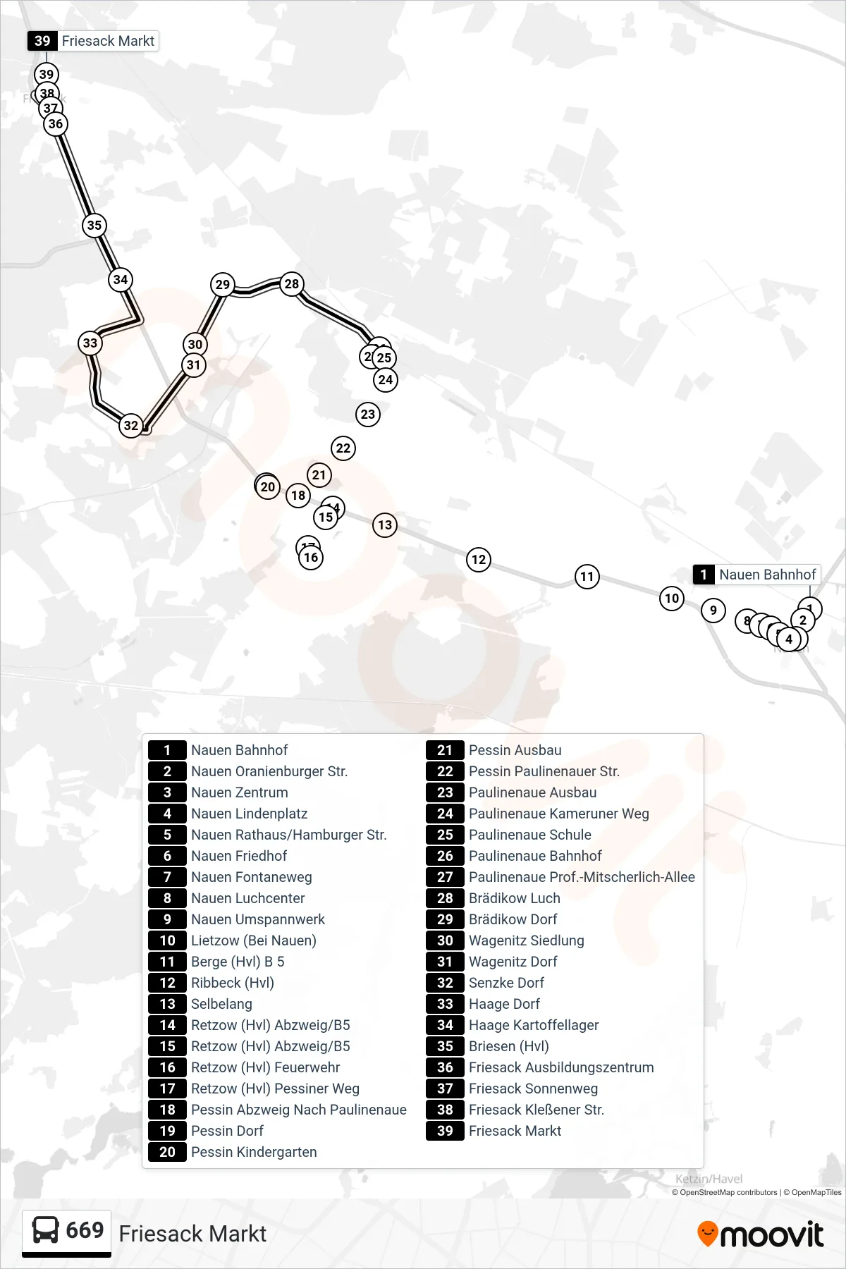 Linie 669 (Bus) Richtung Friesack Markt: Route und Haltestellen auf der Karte