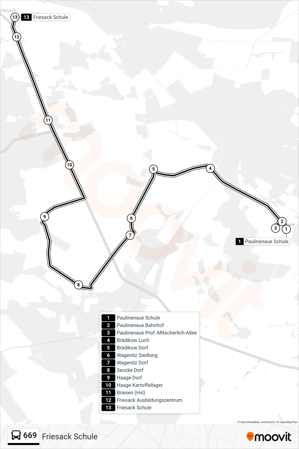 669 bus Line (Friesack Schule) route and stops on a map