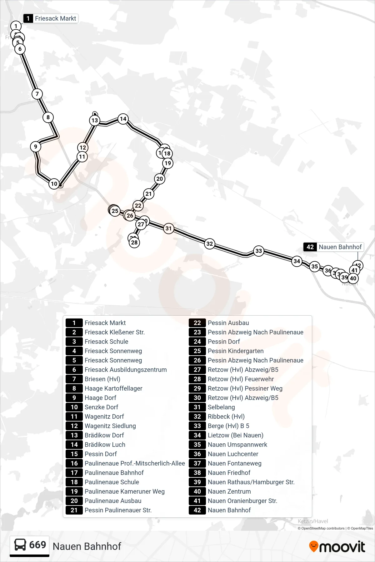 Linie 669 (Bus) Richtung Nauen Bahnhof: Route und Haltestellen auf der Karte