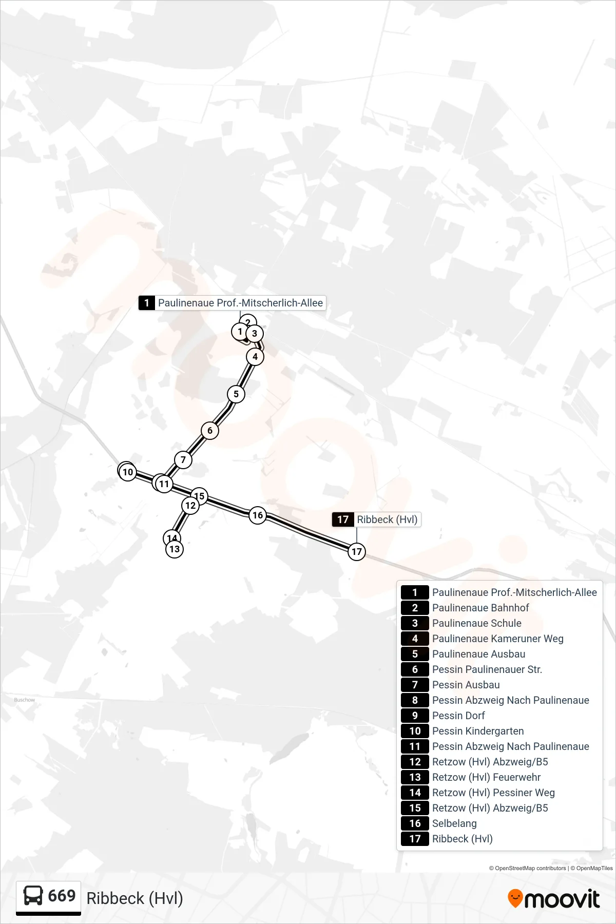 Linie 669 (Bus) Richtung Ribbeck (Hvl): Route und Haltestellen auf der Karte