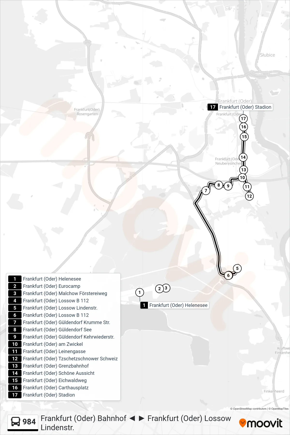 Linie 984 (Bus) Richtung Frankfurt (Oder) Stadion: Route und Haltestellen auf der Karte