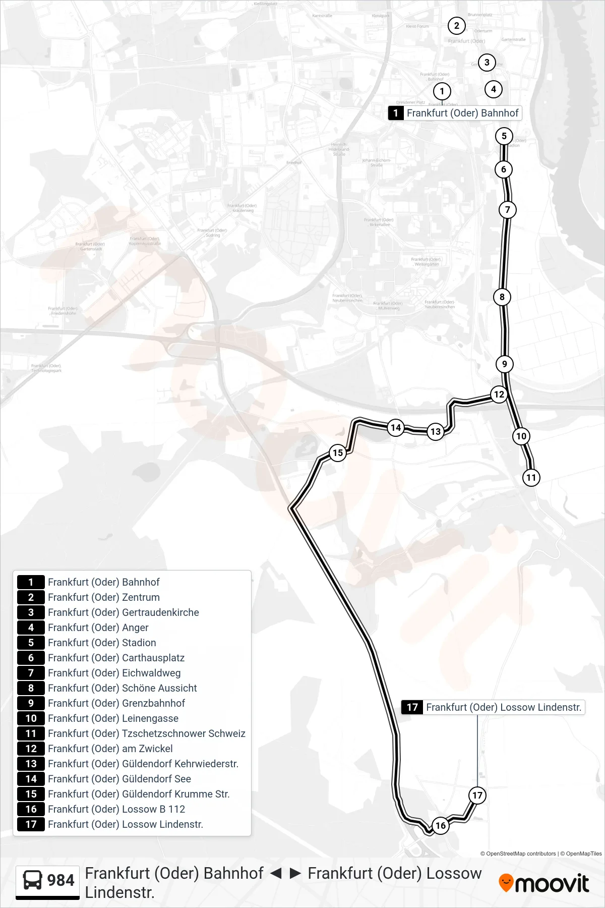 Linie 984 (Bus) Richtung Frankfurt (Oder) Lossow Lindenstr.: Route und Haltestellen auf der Karte