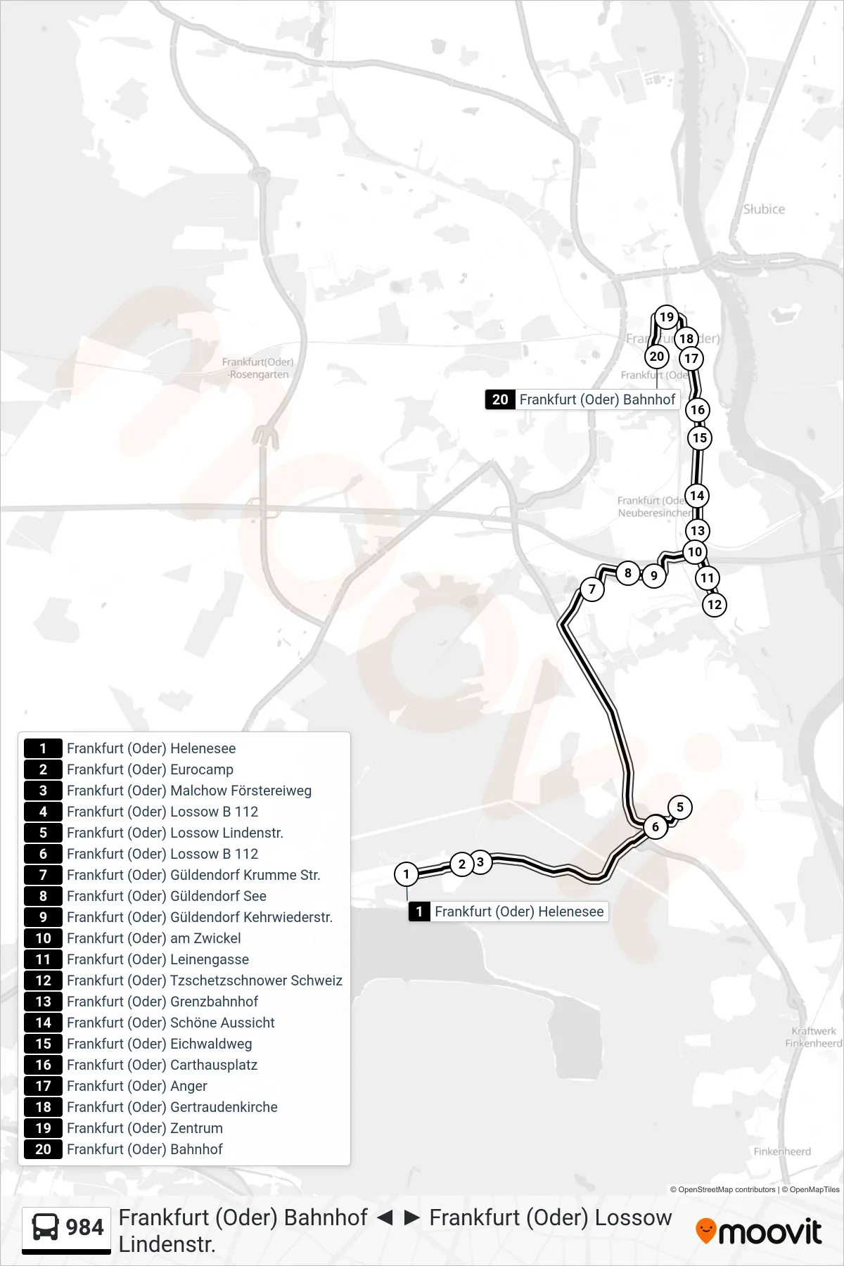 Linie 984 (Bus) Richtung Frankfurt (Oder) Bahnhof: Route und Haltestellen auf der Karte