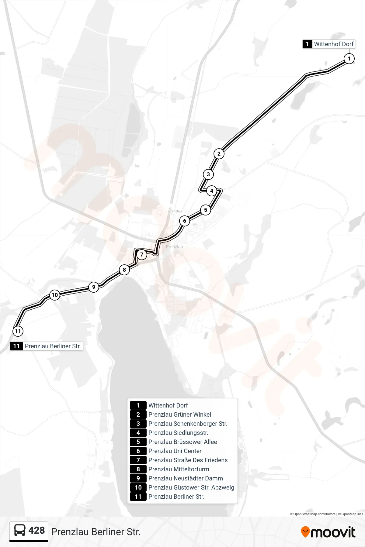 Linie 428 (Bus) Richtung Prenzlau Berliner Str.: Route und Haltestellen auf der Karte