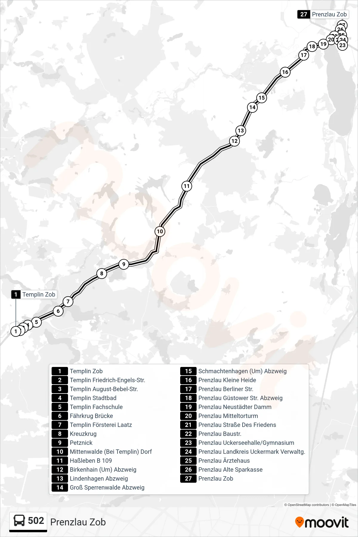Linie 502 (Bus) Richtung Prenzlau Zob: Route und Haltestellen auf der Karte