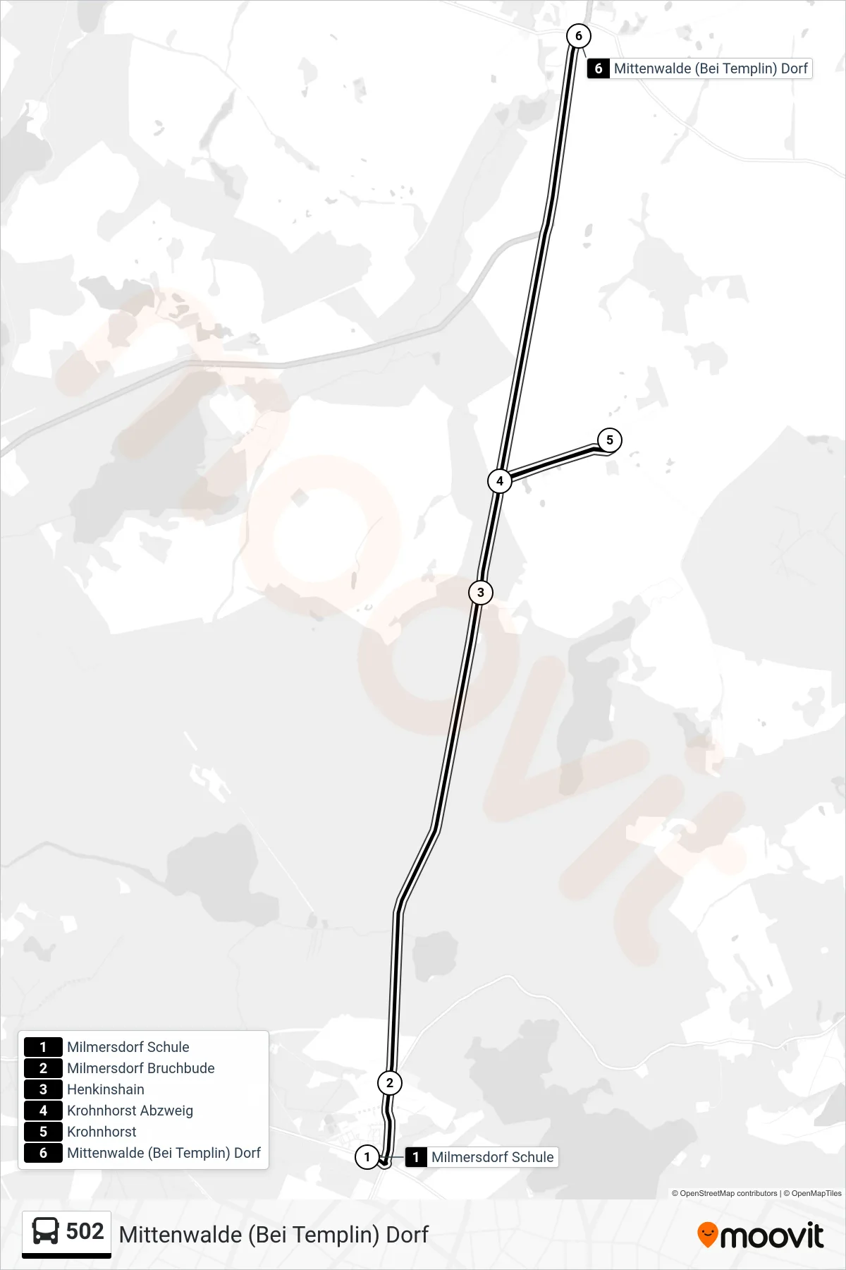 Linie 502 (Bus) Richtung Mittenwalde (Bei Templin) Dorf: Route und Haltestellen auf der Karte