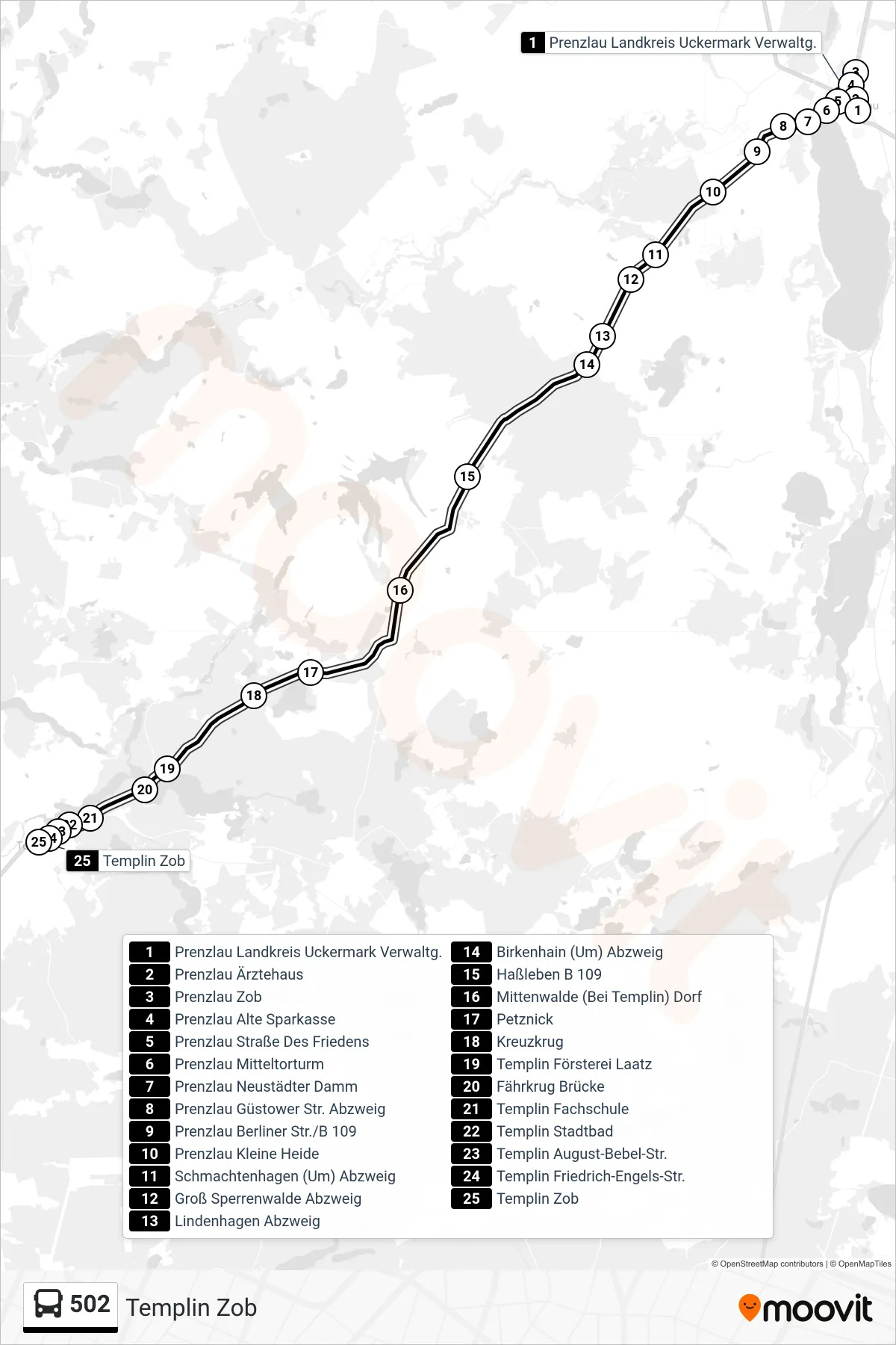 Linie 502 (Bus) Richtung Templin Zob: Route und Haltestellen auf der Karte