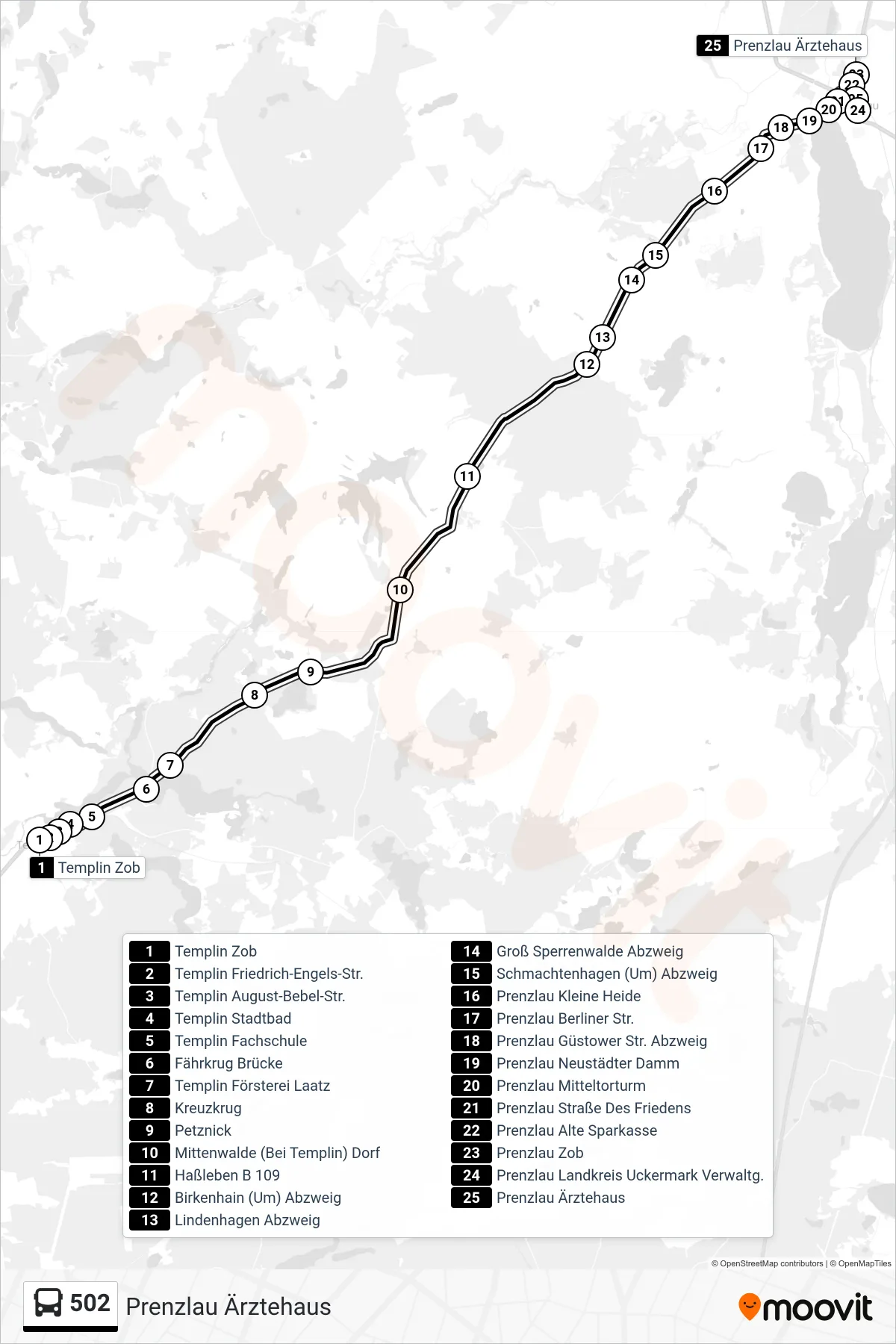 Linie 502 (Bus) Richtung Prenzlau Ärztehaus: Route und Haltestellen auf der Karte