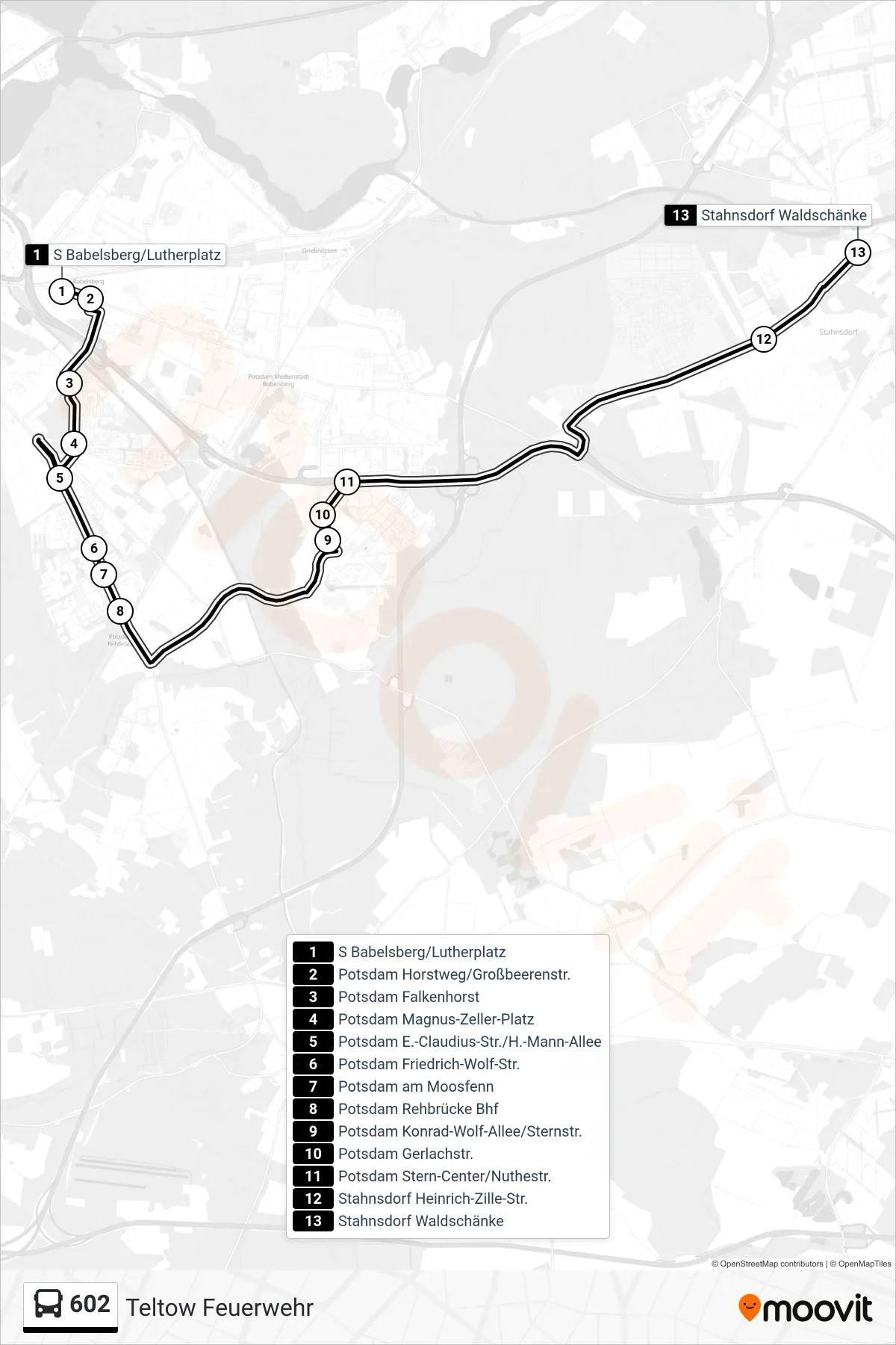 Linie 602 (Bus) Richtung Stahnsdorf Waldschänke: Route und Haltestellen auf der Karte