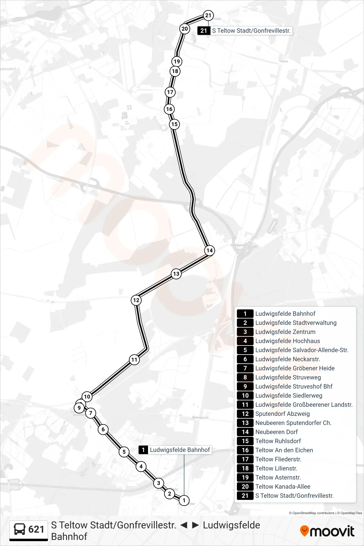 Linie 621 (Bus) Richtung S Teltow Stadt/Gonfrevillestr.: Route und Haltestellen auf der Karte