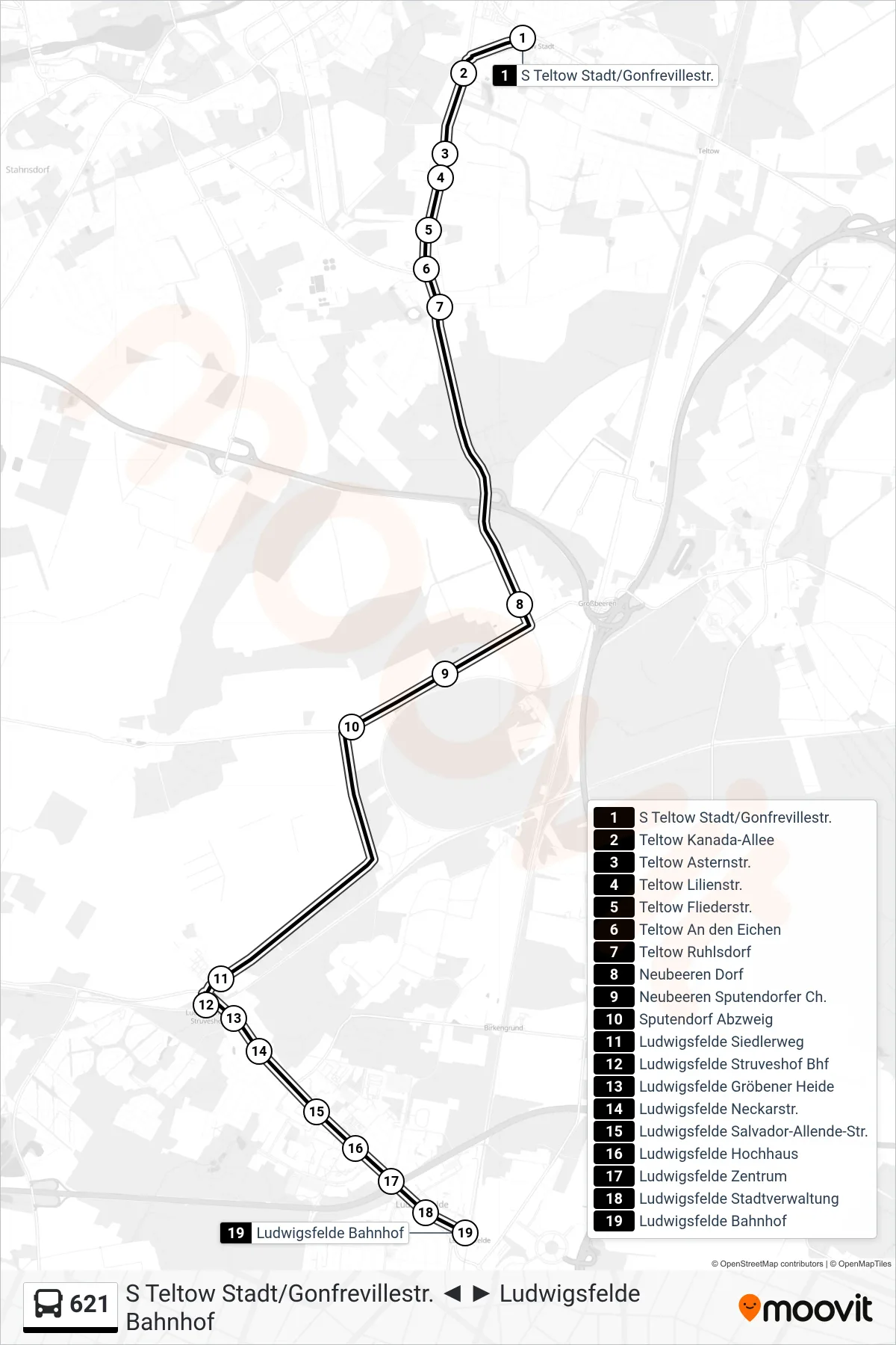 Linie 621 (Bus) Richtung Ludwigsfelde Bahnhof: Route und Haltestellen auf der Karte
