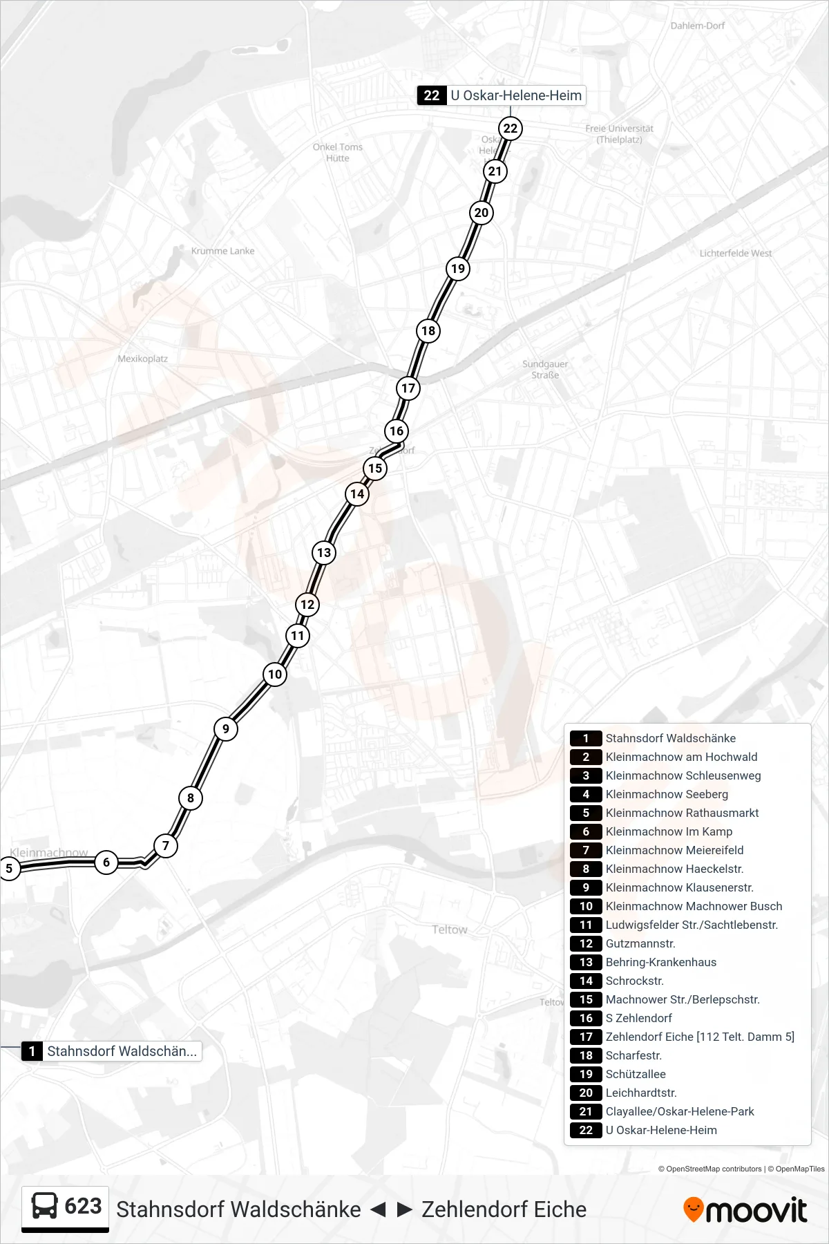 623 bus Line (U Oskar-Helene-Heim) route and stops on a map