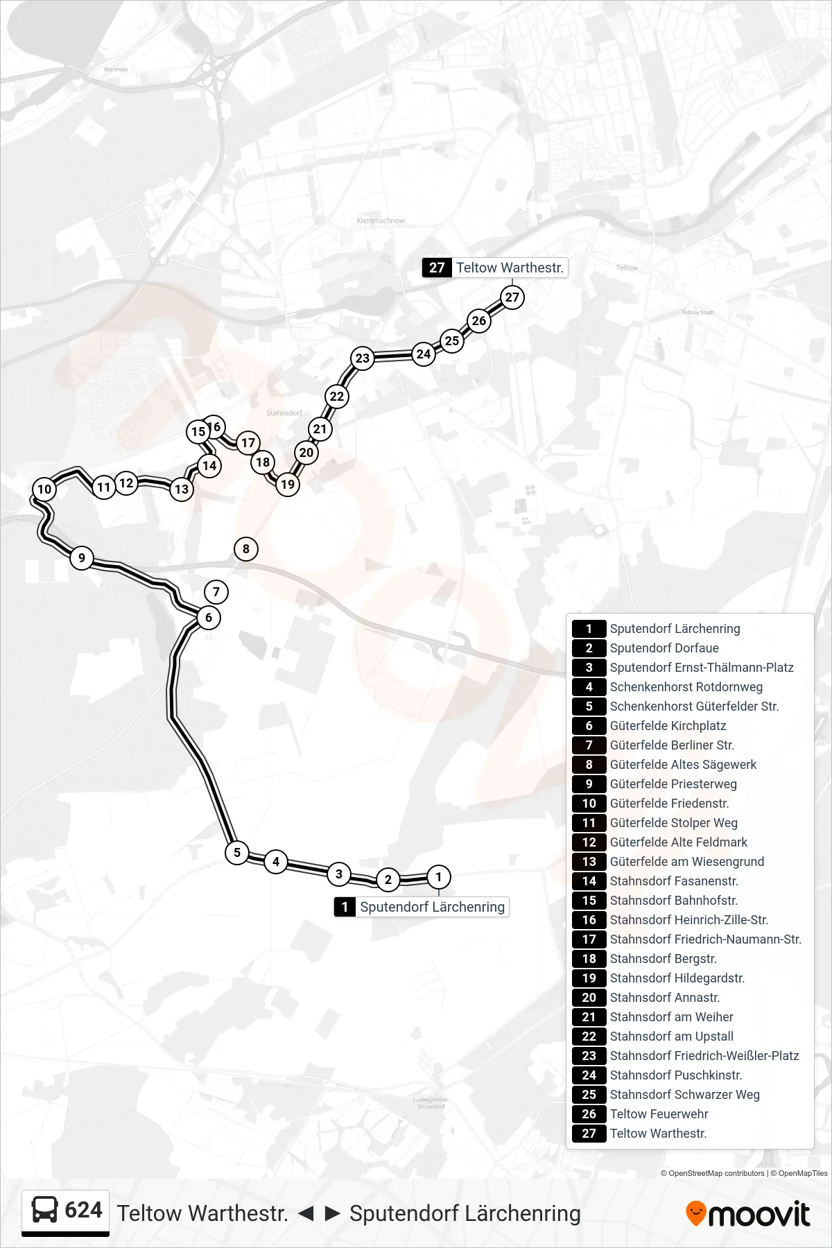Linie 624 (Bus) Richtung Teltow Warthestr.: Route und Haltestellen auf der Karte