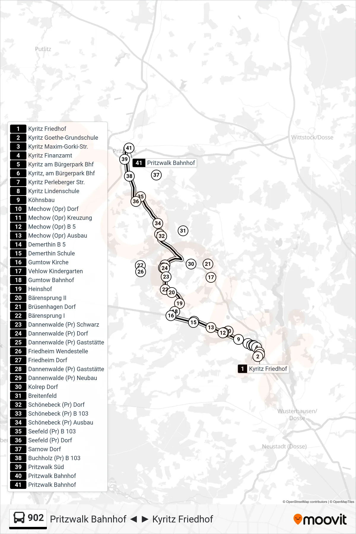 Linie 902 (Bus) Richtung Pritzwalk Bahnhof: Route und Haltestellen auf der Karte