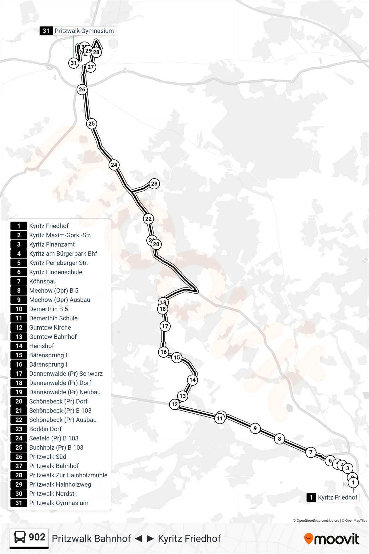 Linie 902 (Bus) Richtung Pritzwalk Gymnasium: Route und Haltestellen auf der Karte