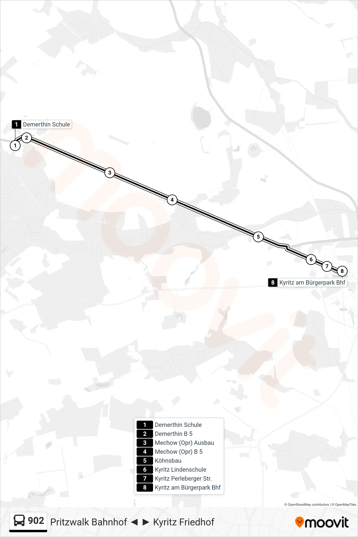 Linie 902 (Bus) Richtung Kyritz am Bürgerpark Bhf: Route und Haltestellen auf der Karte