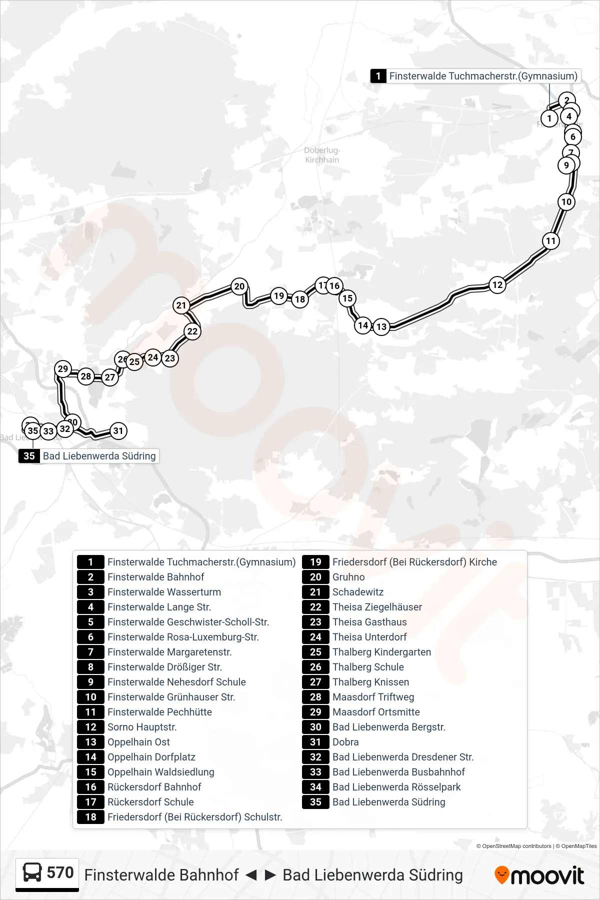 Linie 570 (Bus) Richtung Bad Liebenwerda Südring: Route und Haltestellen auf der Karte