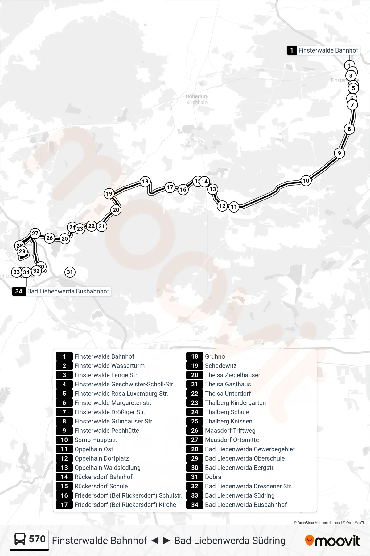 Linie 570 (Bus) Richtung Bad Liebenwerda Busbahnhof: Route und Haltestellen auf der Karte