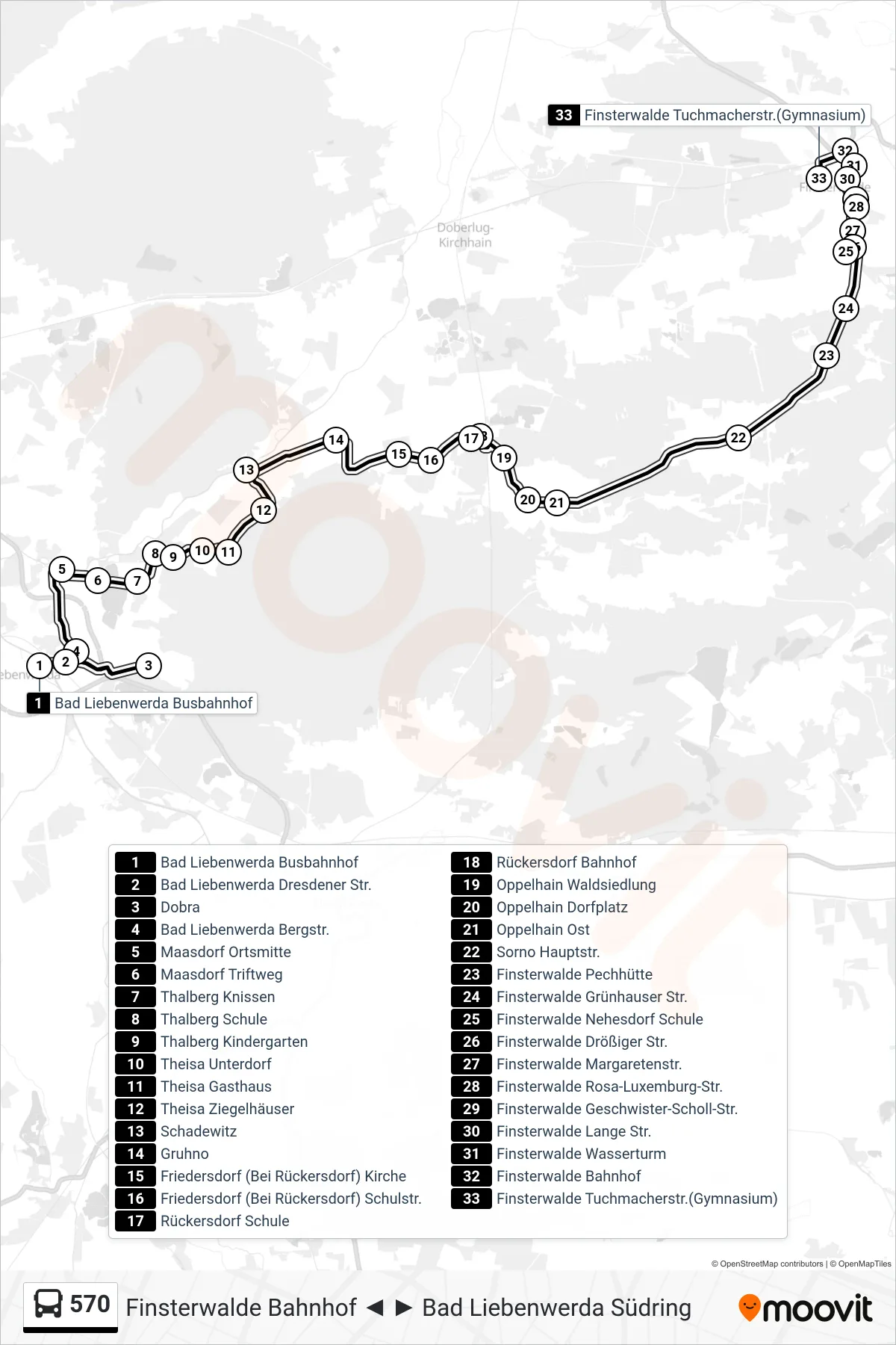 Linie 570 (Bus) Richtung Finsterwalde Tuchmacherstr.(Gymnasium): Route und Haltestellen auf der Karte