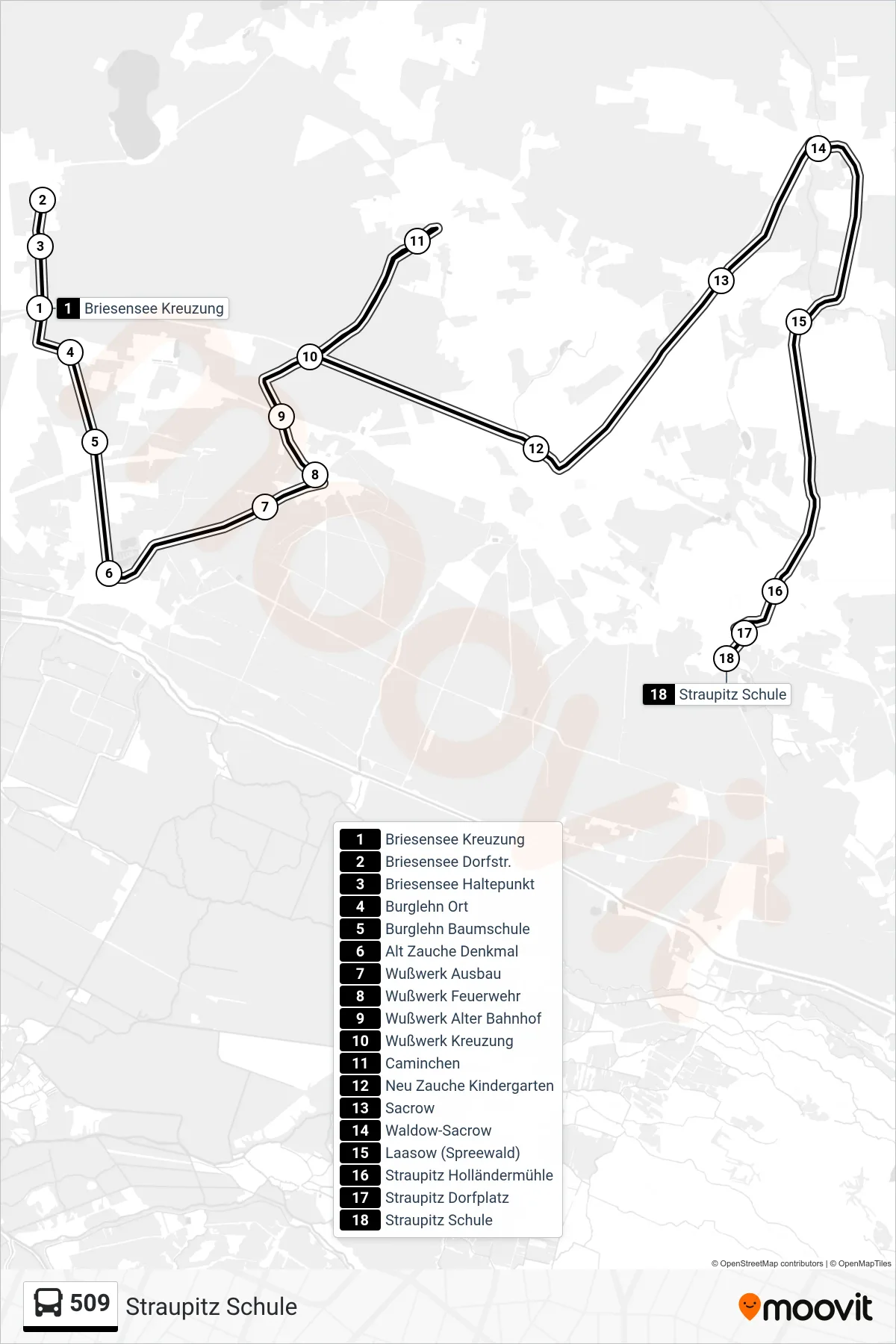 509 bus Line (Straupitz Schule) route and stops on a map