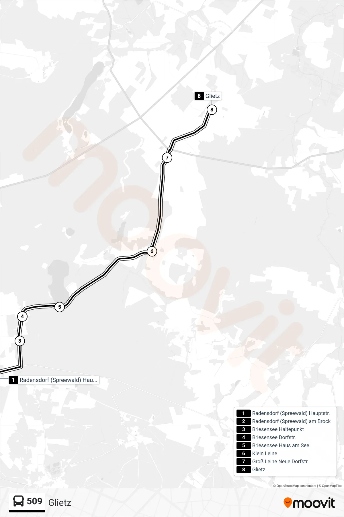 Linie 509 (Bus) Richtung Glietz: Route und Haltestellen auf der Karte
