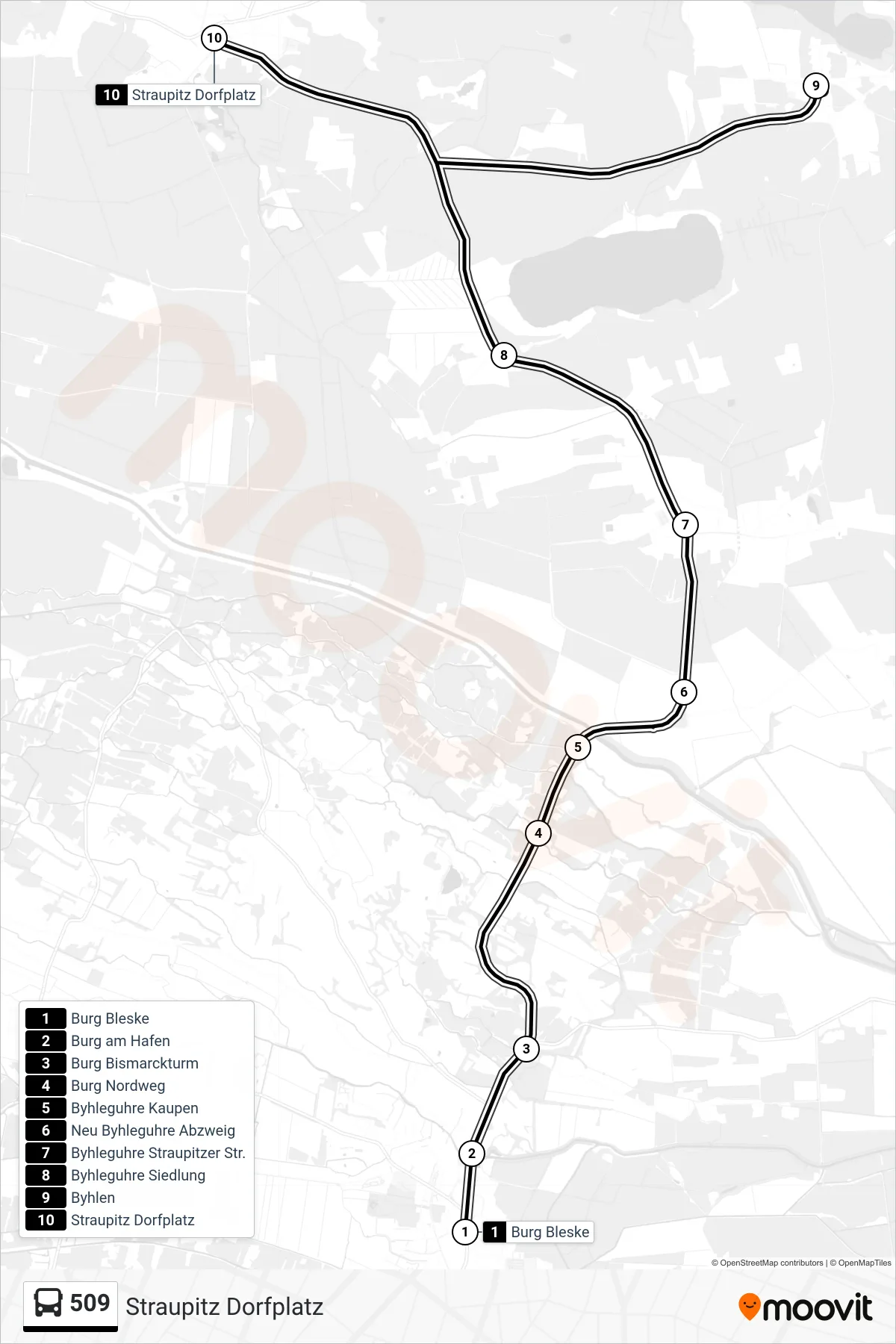 509 bus Line (Straupitz Dorfplatz) route and stops on a map