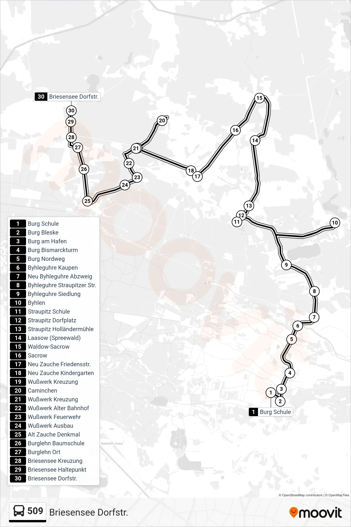 Linie 509 (Bus) Richtung Briesensee Dorfstr.: Route und Haltestellen auf der Karte