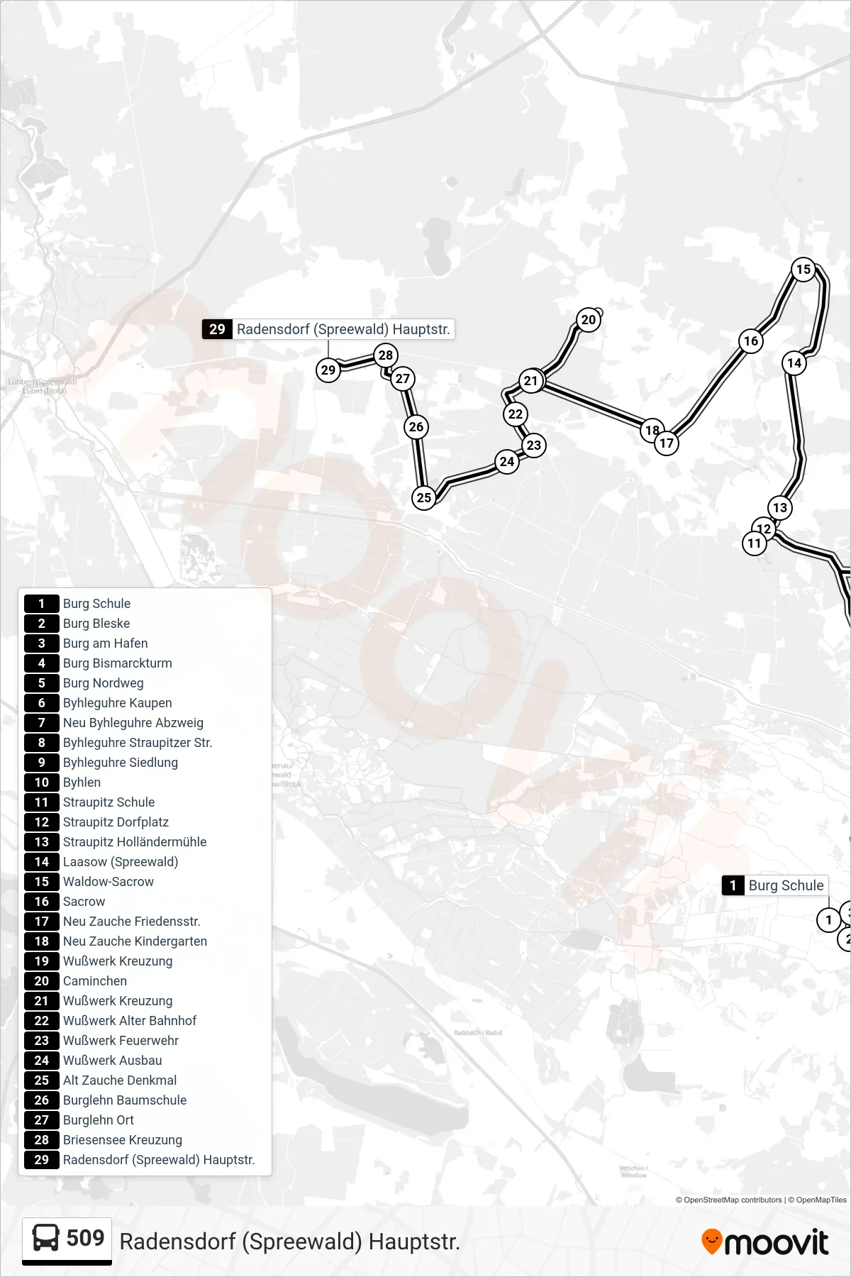 Linie 509 (Bus) Richtung Radensdorf (Spreewald) Hauptstr.: Route und Haltestellen auf der Karte