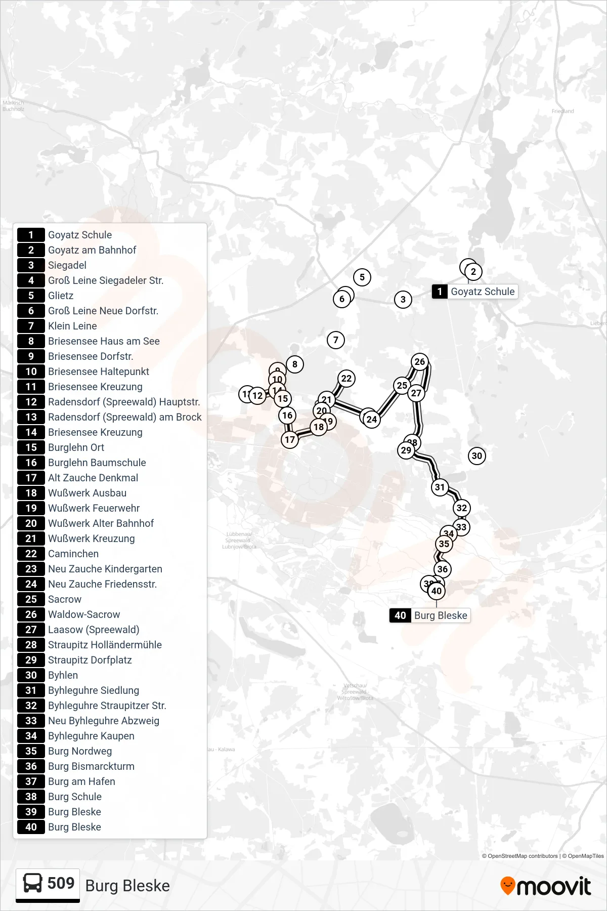 Linie 509 (Bus) Richtung Burg Bleske: Route und Haltestellen auf der Karte