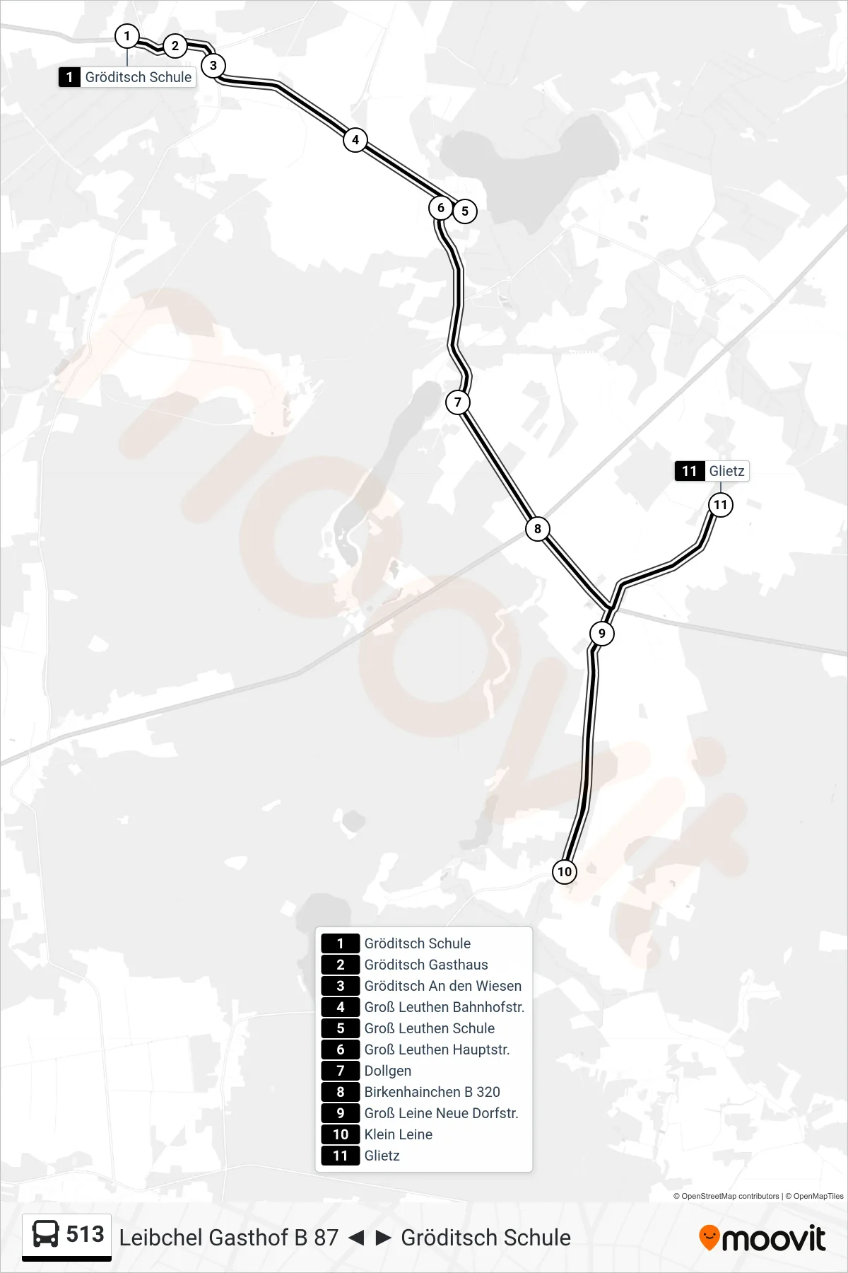 Linie 513 (Bus) Richtung Glietz: Route und Haltestellen auf der Karte