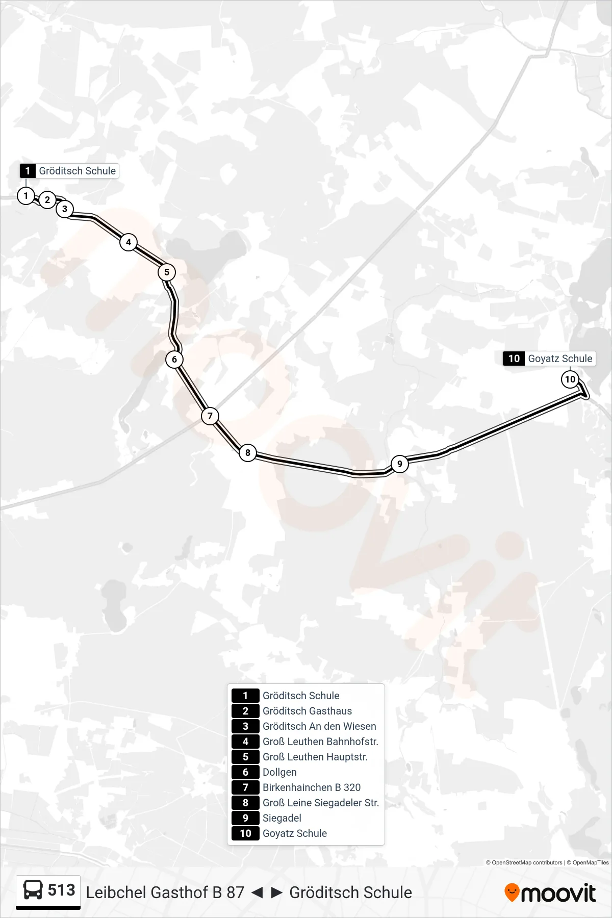 513 bus Line (Goyatz Schule) route and stops on a map