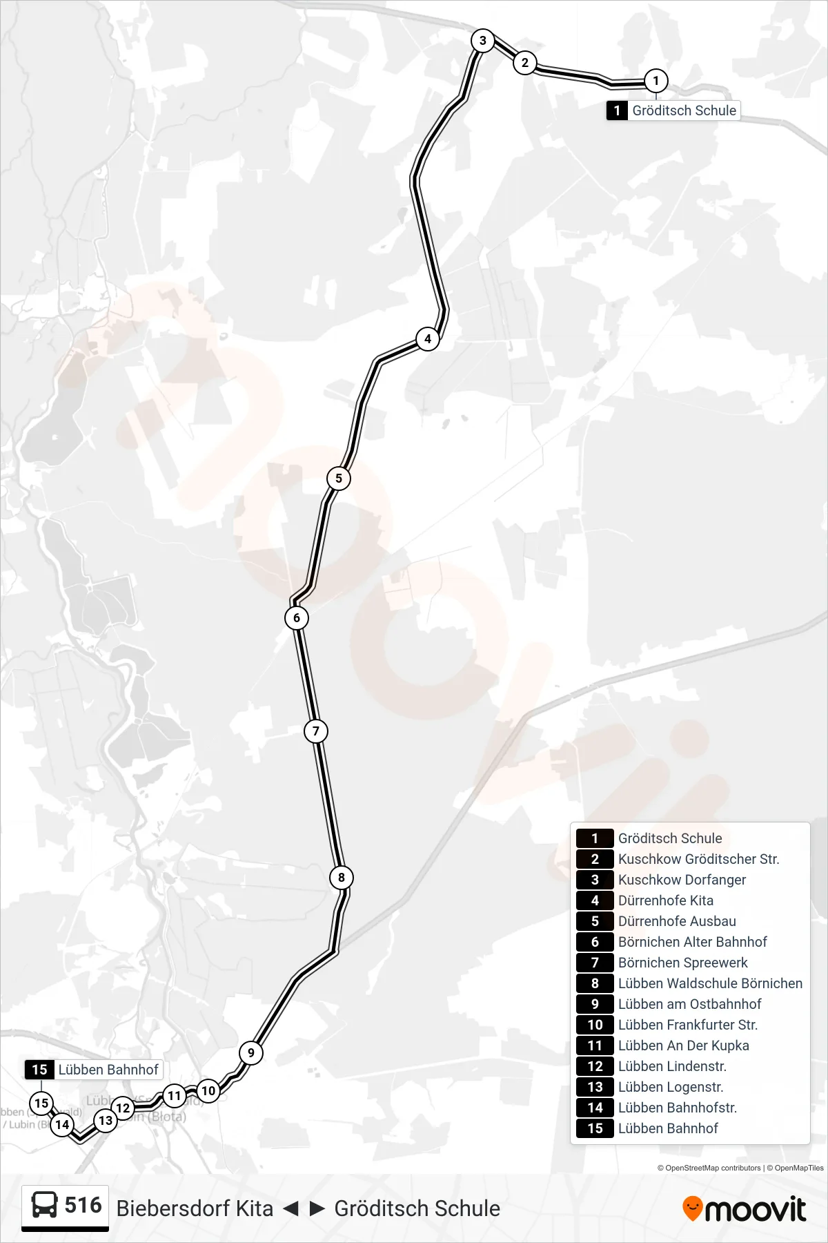 Linie 516 (Bus) Richtung Lübben Bahnhof: Route und Haltestellen auf der Karte