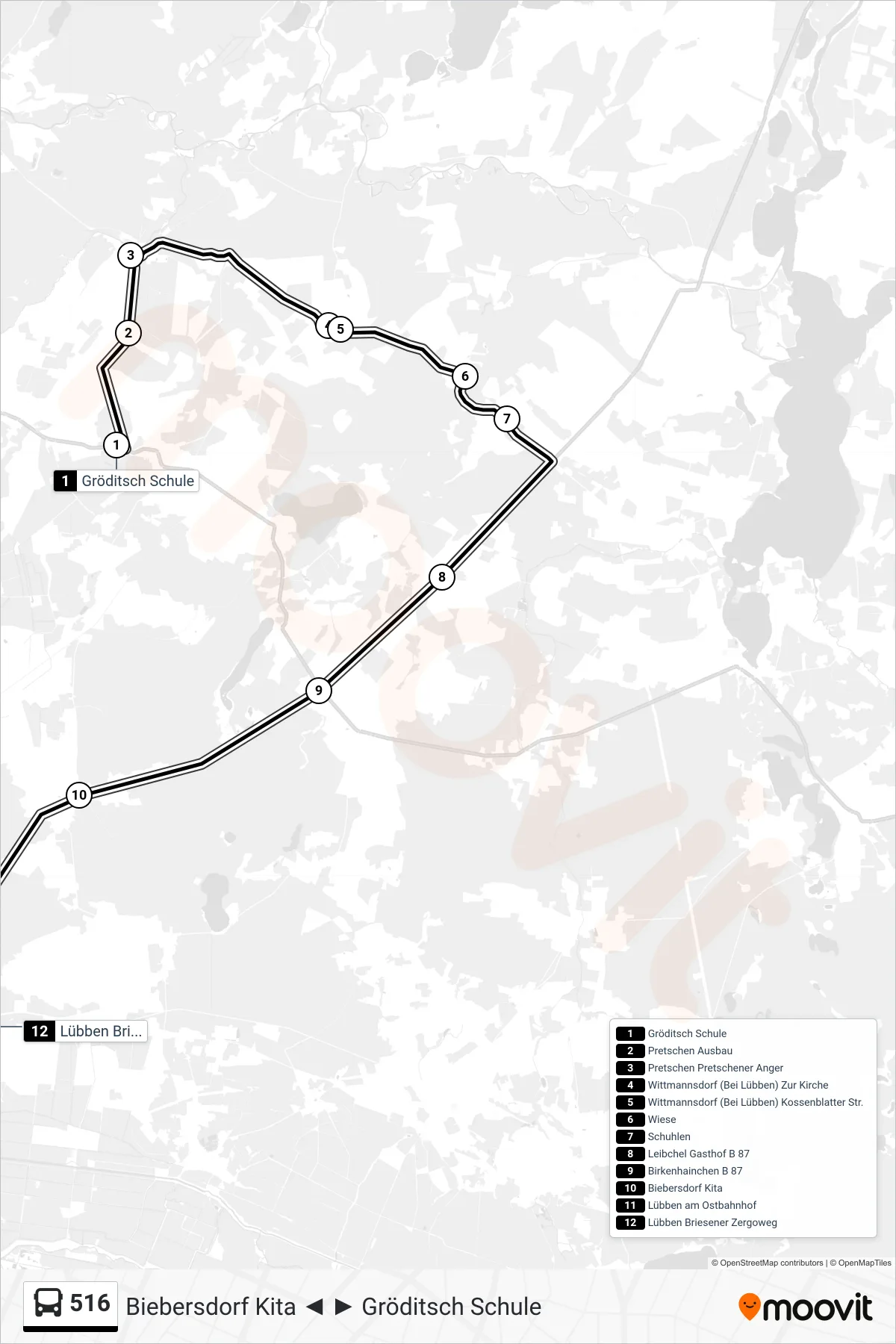Linie 516 (Bus) Richtung Lübben Briesener Zergoweg: Route und Haltestellen auf der Karte
