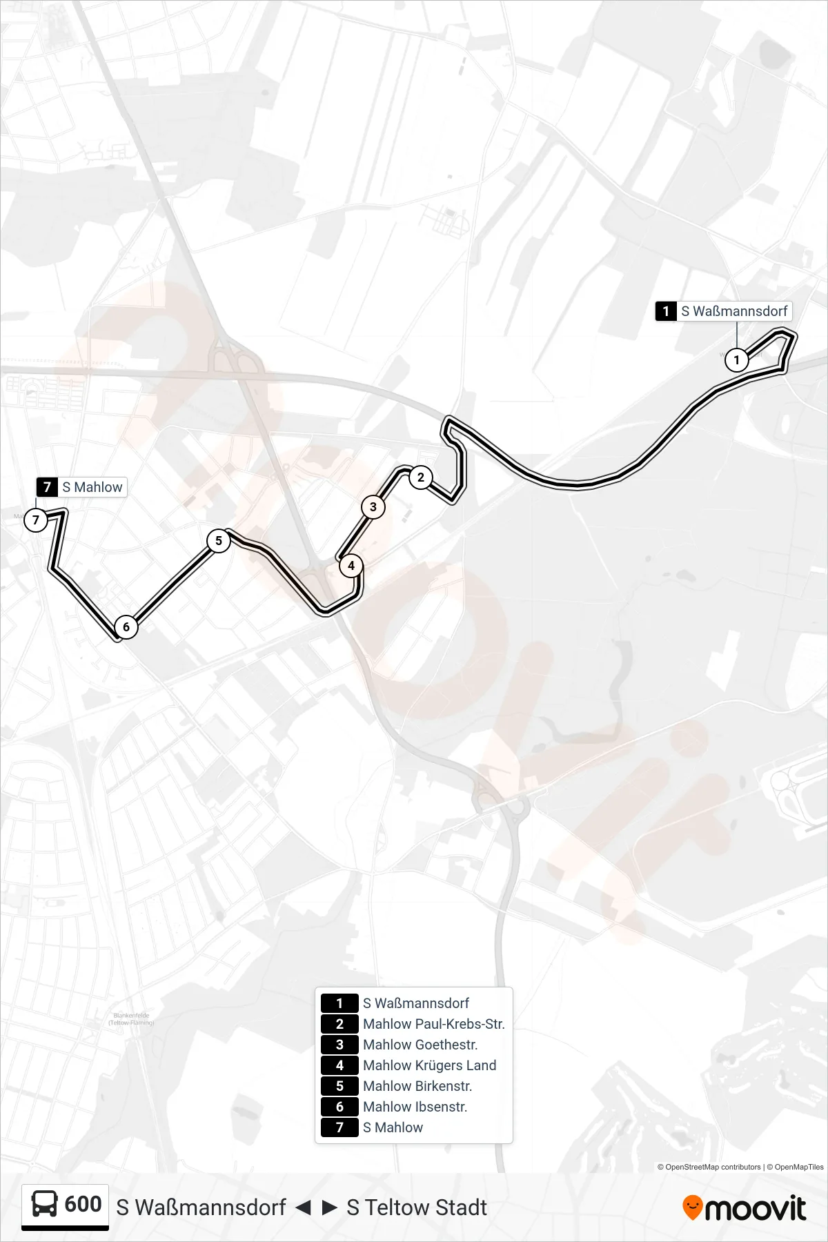 Linie 600 (Bus) Richtung S Mahlow: Route und Haltestellen auf der Karte