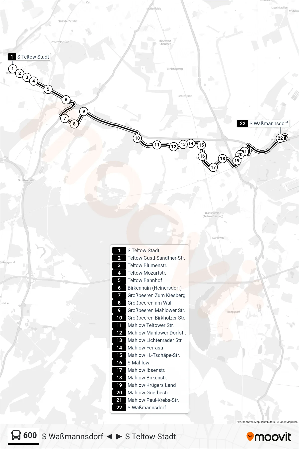 Linie 600 (Bus) Richtung S Waßmannsdorf: Route und Haltestellen auf der Karte