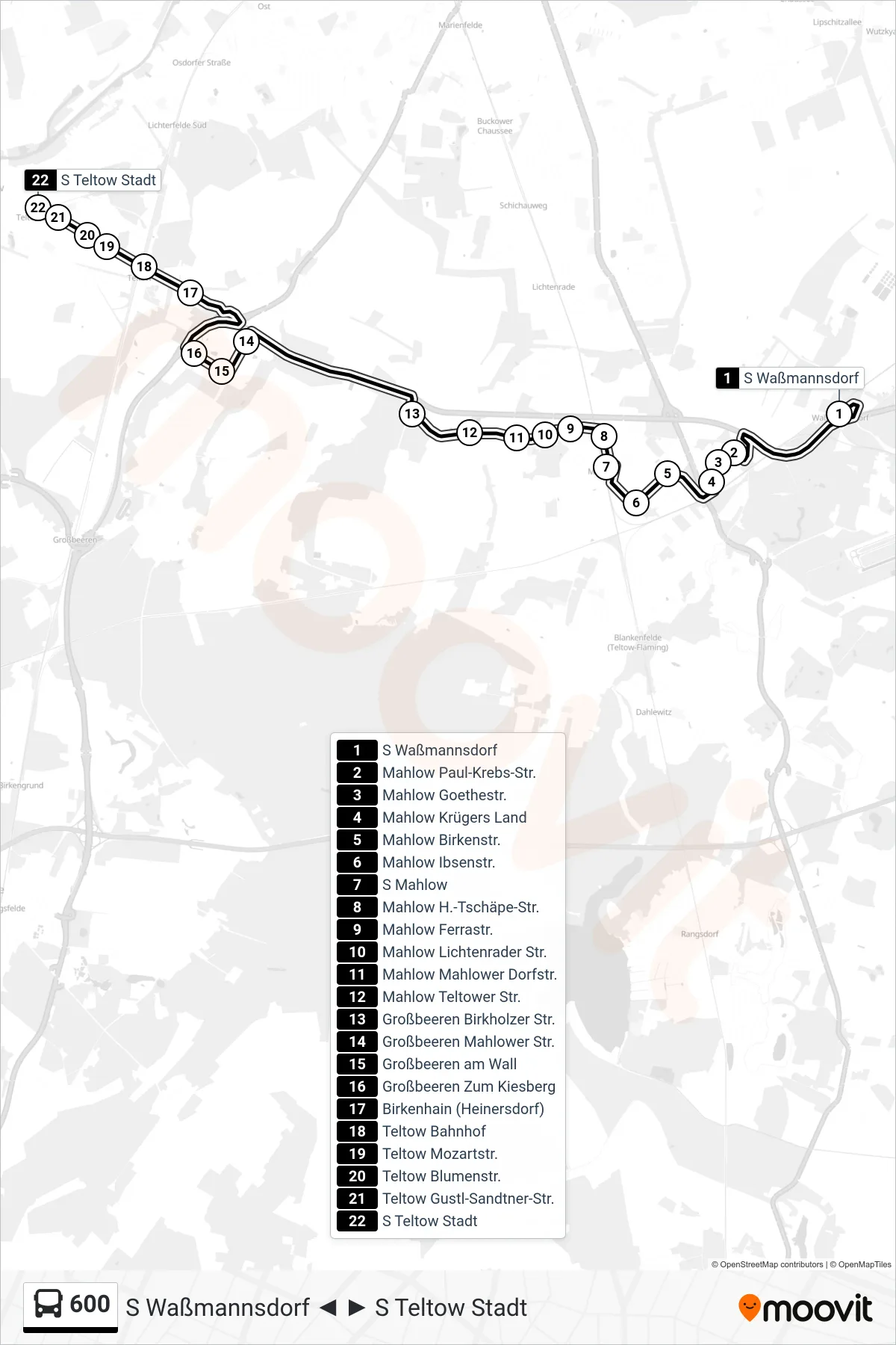 Linie 600 (Bus) Richtung S Teltow Stadt: Route und Haltestellen auf der Karte