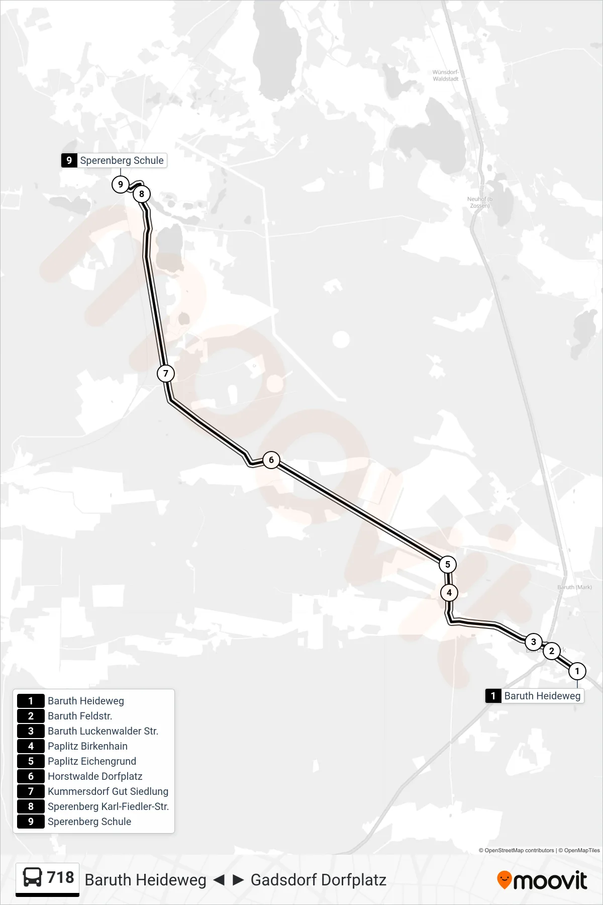Linie 718 (Bus) Richtung Sperenberg Schule: Route und Haltestellen auf der Karte