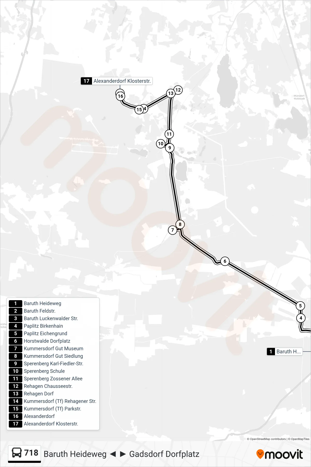 Linie 718 (Bus) Richtung Alexanderdorf Klosterstr.: Route und Haltestellen auf der Karte