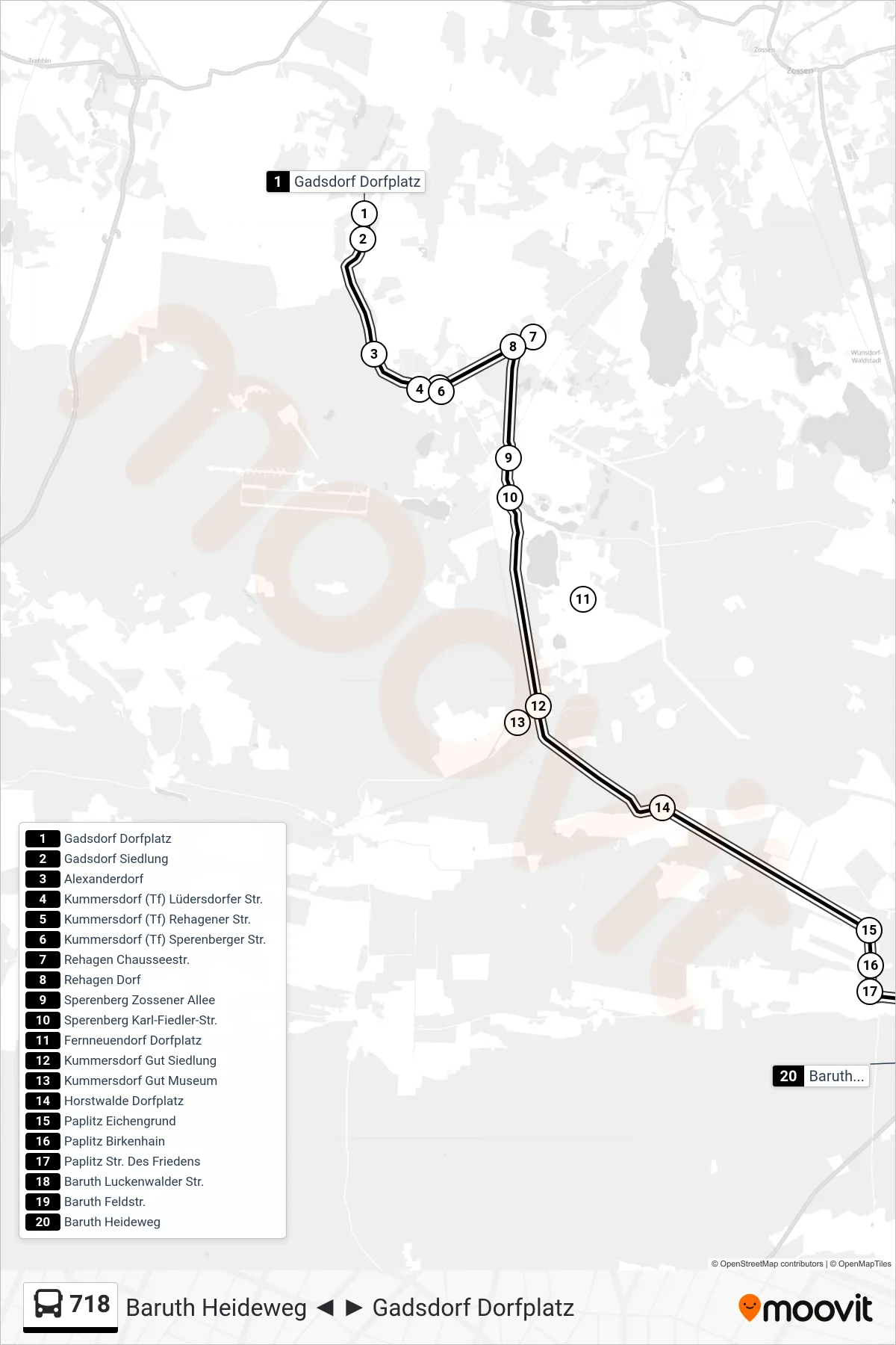 Linie 718 (Bus) Richtung Baruth Heideweg: Route und Haltestellen auf der Karte